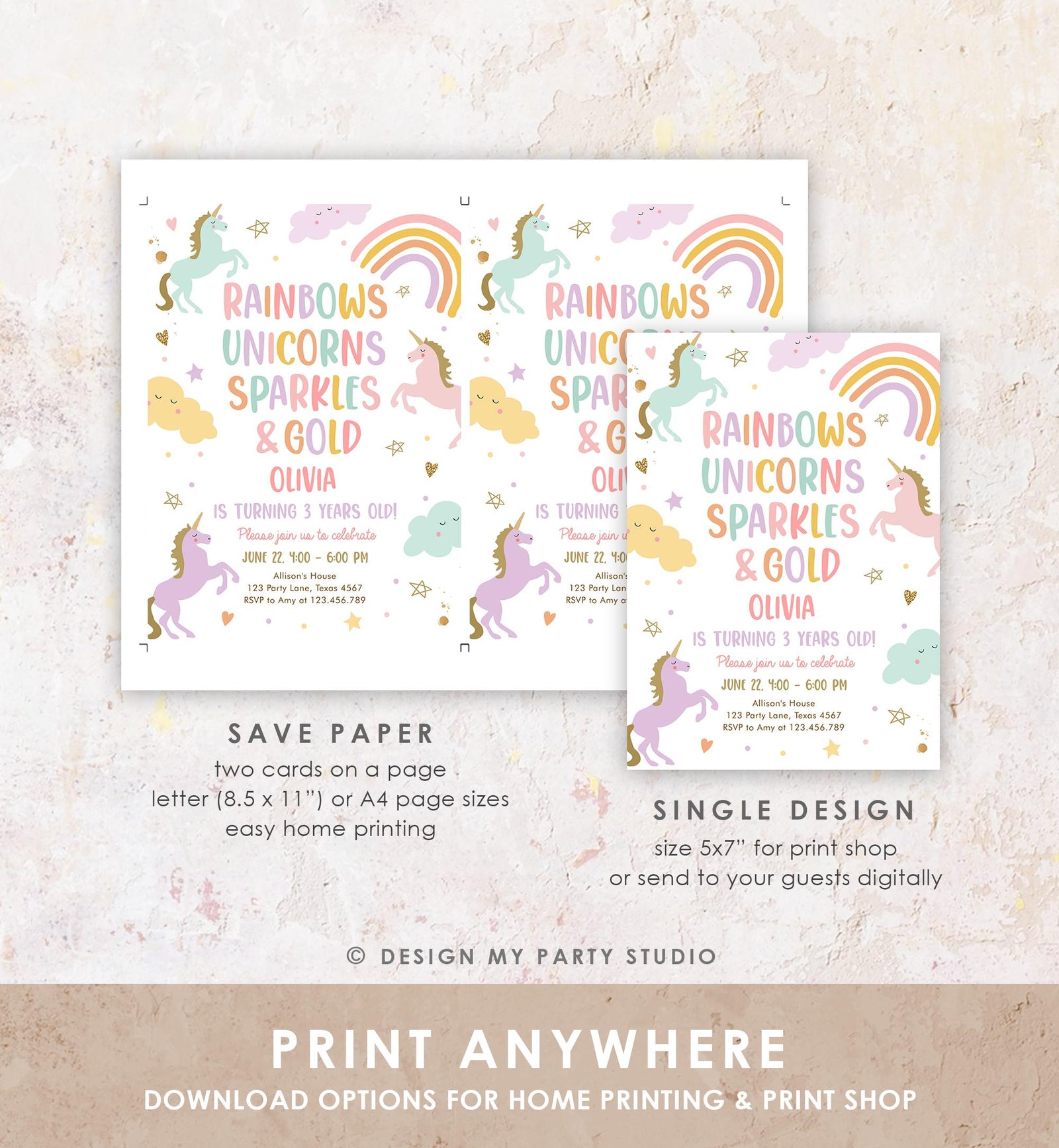 Editable Unicorn Birthday Invitation 3rd Third Birthday Rainbows Unicorns Sparkles and Gold Magical Digital Girl Template Printable 0426