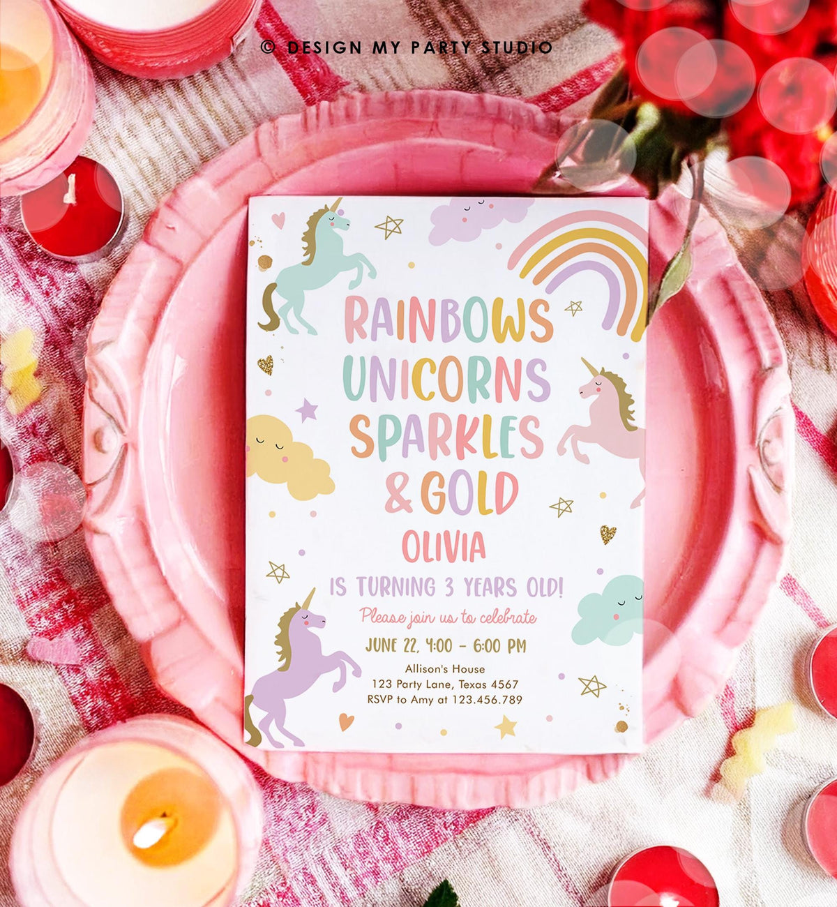 Editable Unicorn Birthday Invitation 3rd Third Birthday Rainbows Unicorns Sparkles and Gold Magical Digital Girl Template Printable 0426