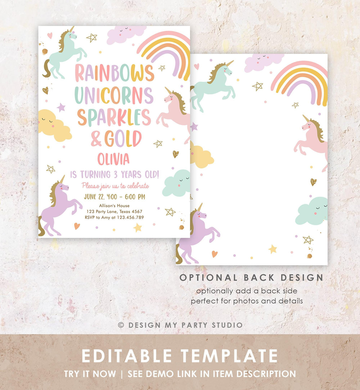 Editable Unicorn Birthday Invitation 3rd Third Birthday Rainbows Unicorns Sparkles and Gold Magical Digital Girl Template Printable 0426