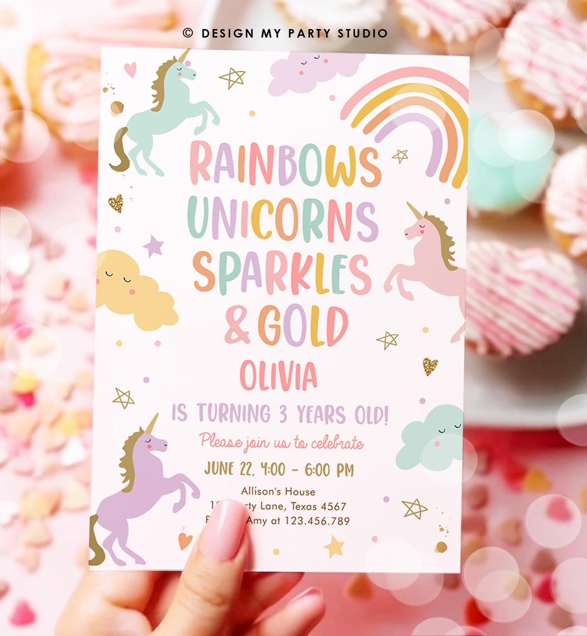 Editable Unicorn Birthday Invitation 3rd Third Birthday Rainbows Unicorns Sparkles and Gold Magical Digital Girl Template Printable 0426