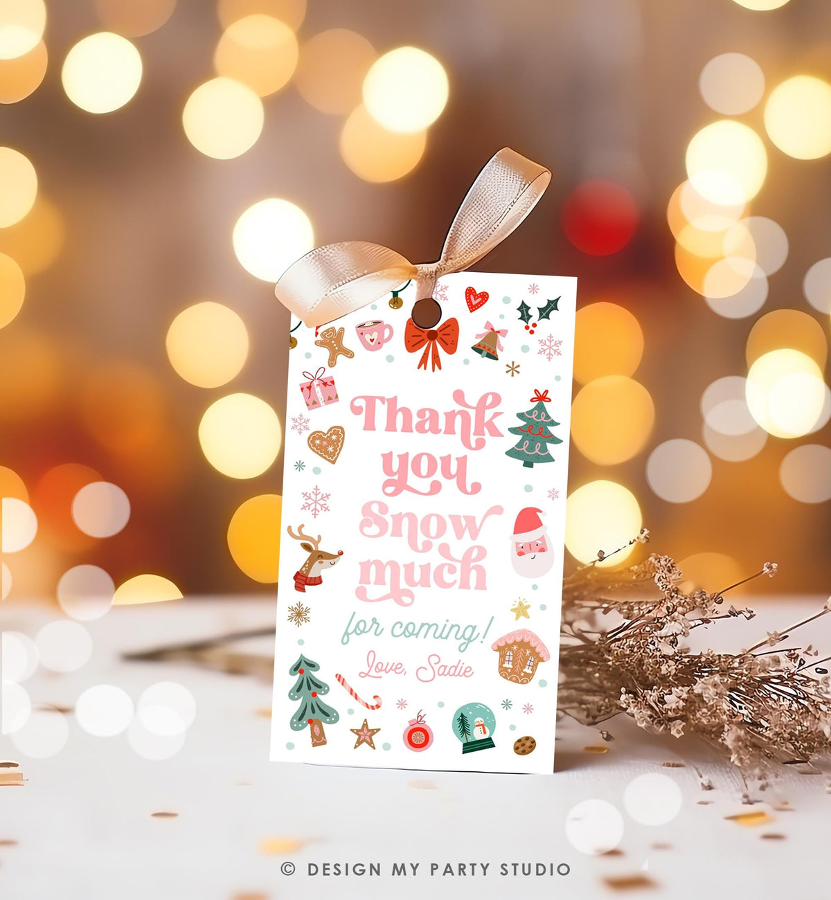 Editable Thank You Snow Much Favor Tag Christmas Winter Wonderland Red Pink Girl First Birthday Party Digital Template Printable 0529
