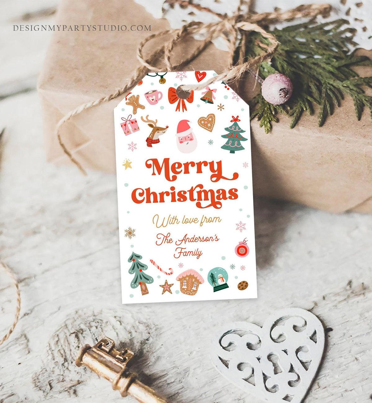 Editable Merry Christmas Favor Tag Winter Holiday Gift Tag Label Family Xmas Santa Claus Reindeer Cookies Digital Template Printable 0529