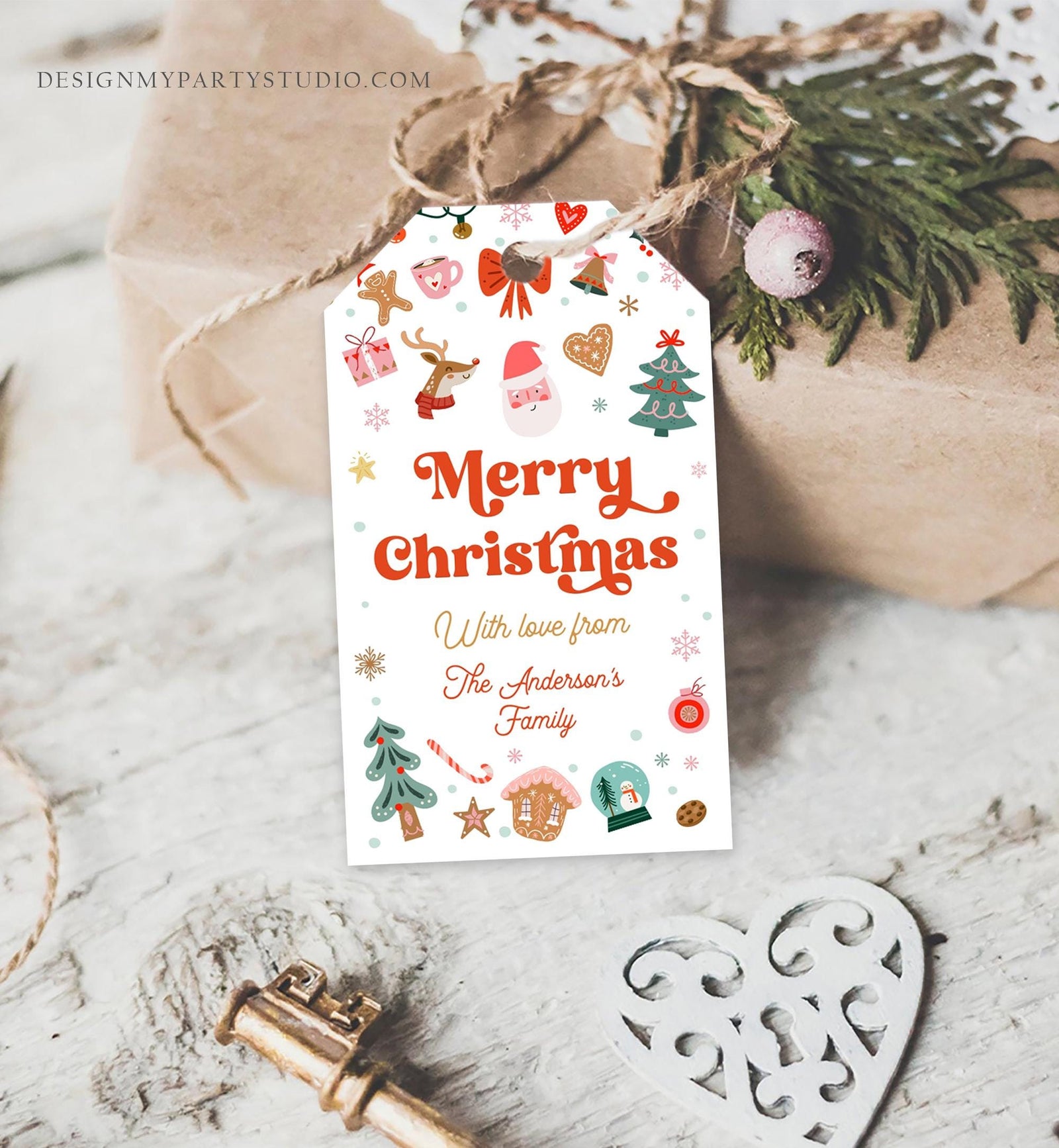 Editable Merry Christmas Favor Tag Winter Holiday Gift Tag Label Family Xmas Santa Claus Reindeer Cookies Digital Template Printable 0529