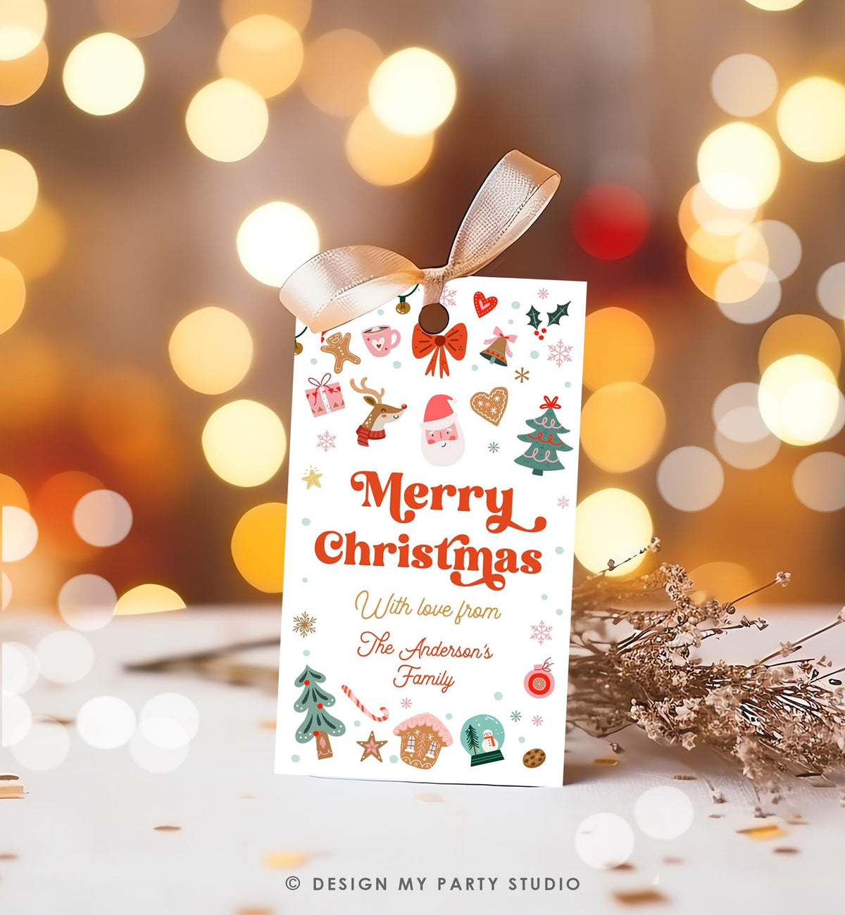Editable Merry Christmas Favor Tag Winter Holiday Gift Tag Label Family Xmas Santa Claus Reindeer Cookies Digital Template Printable 0529