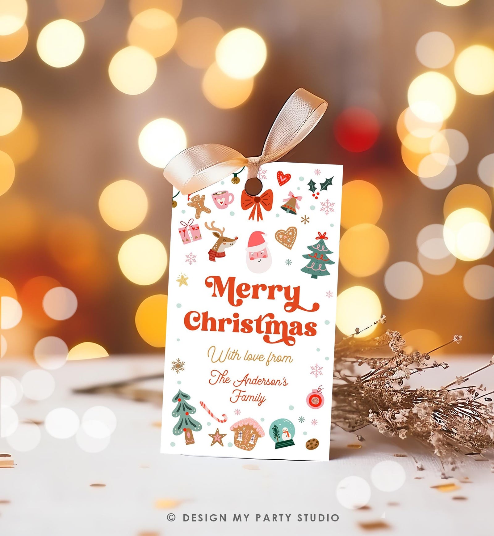 Editable Merry Christmas Favor Tag Winter Holiday Gift Tag Label Family Xmas Santa Claus Reindeer Cookies Digital Template Printable 0529