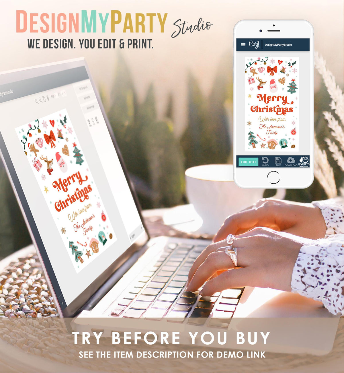Editable Merry Christmas Favor Tag Winter Holiday Gift Tag Label Family Xmas Santa Claus Reindeer Cookies Digital Template Printable 0529