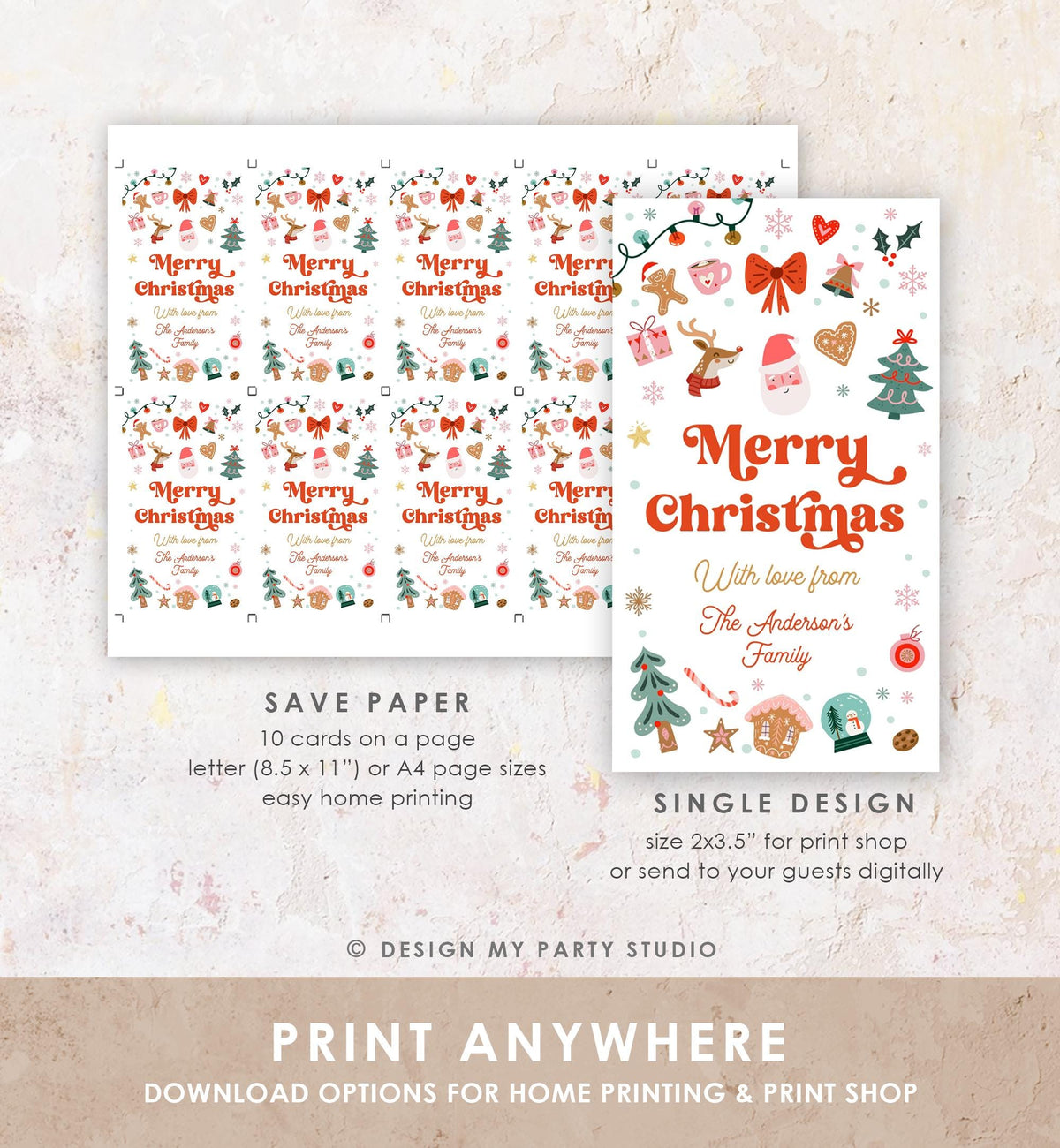 Editable Merry Christmas Favor Tag Winter Holiday Gift Tag Label Family Xmas Santa Claus Reindeer Cookies Digital Template Printable 0529