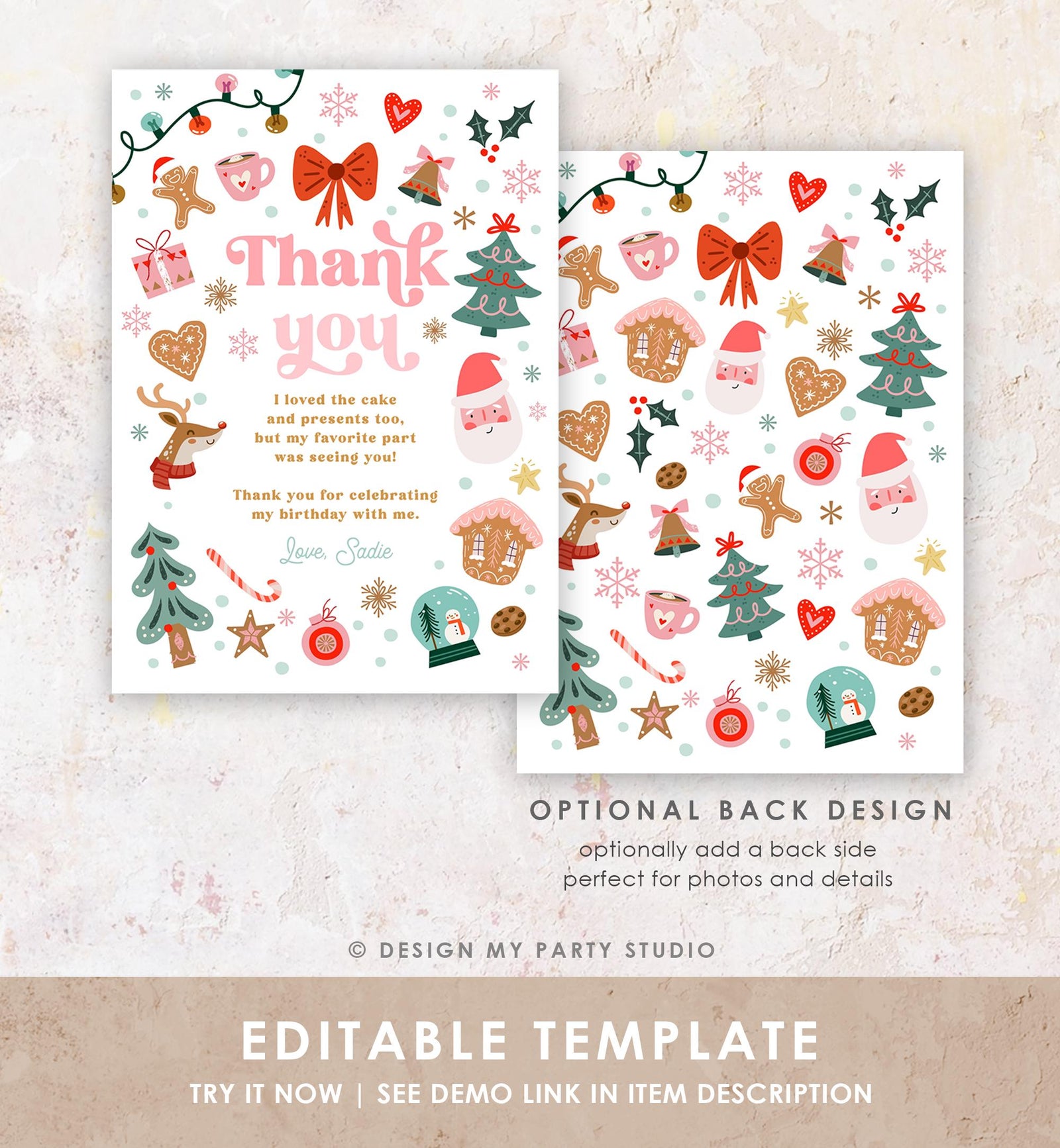 Editable Christmas Thank You Card Winter Onederland First Birthday Party Oh What Fun Pink Girl Snowflake Digital Template Printable 0529