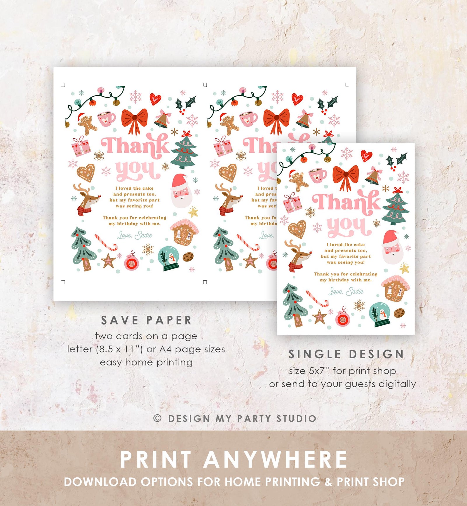 Editable Christmas Thank You Card Winter Onederland First Birthday Party Oh What Fun Pink Girl Snowflake Digital Template Printable 0529