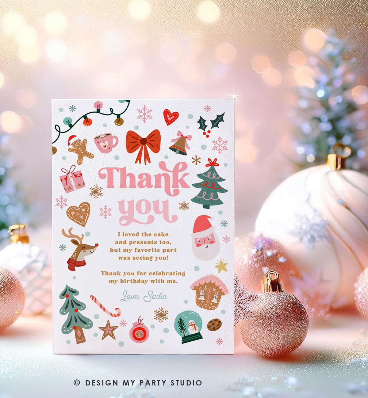 Editable Christmas Thank You Card Winter Onederland First Birthday Party Oh What Fun Pink Girl Snowflake Digital Template Printable 0529