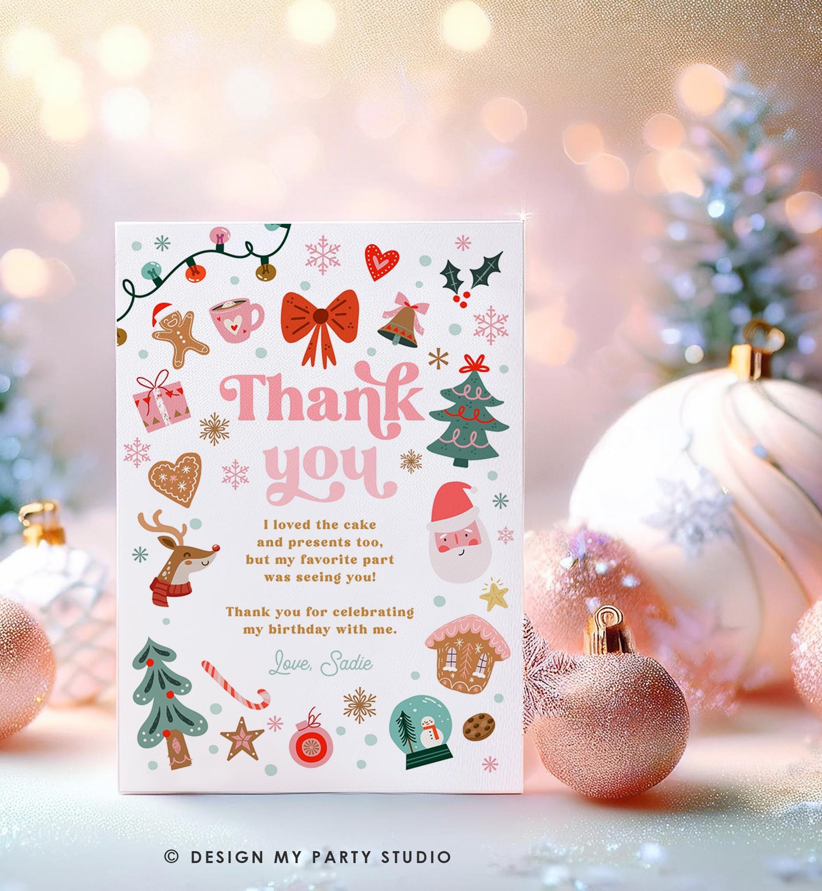 Editable Christmas Thank You Card Winter Onederland First Birthday Party Oh What Fun Pink Girl Snowflake Digital Template Printable 0529