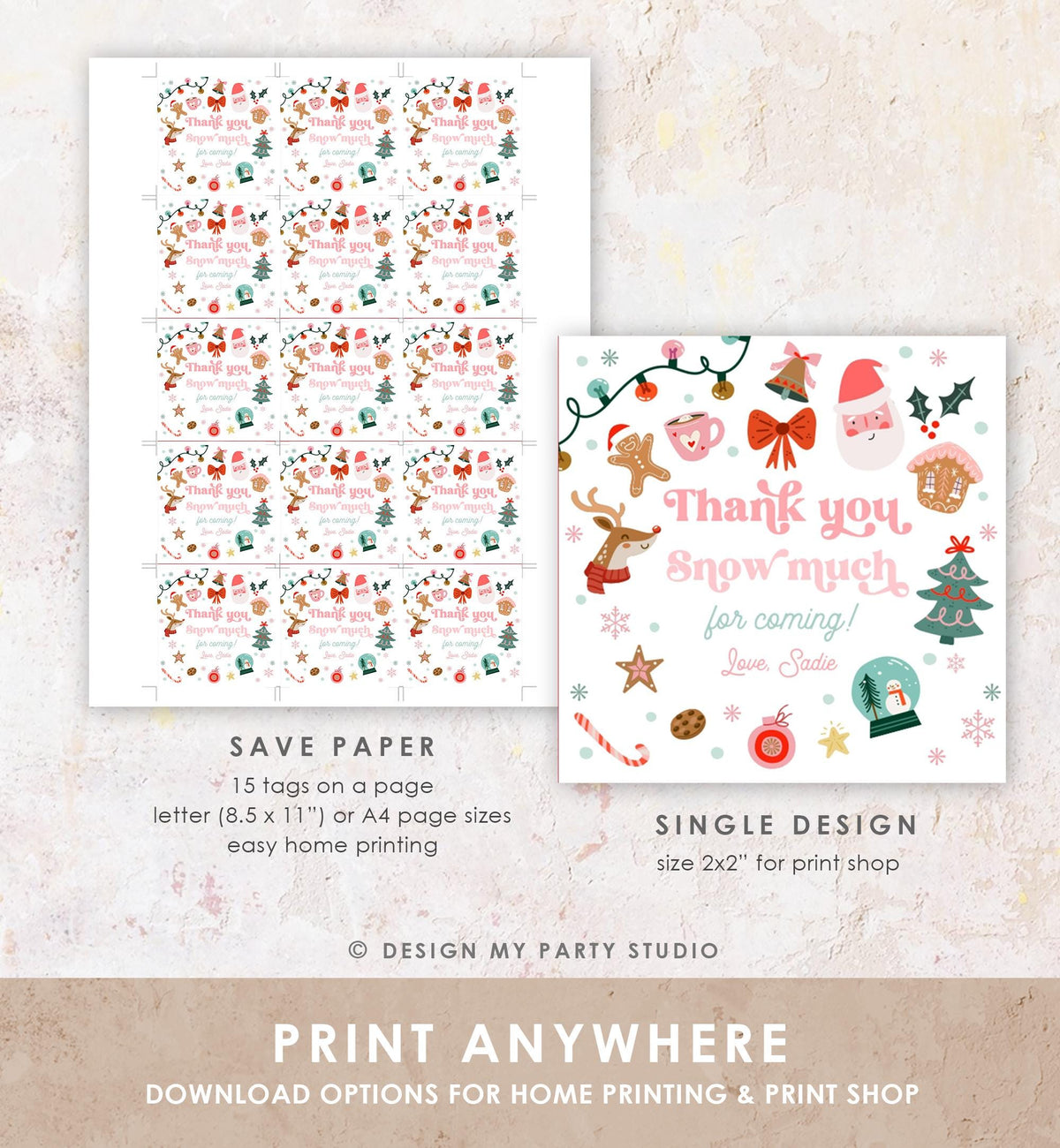 Editable Thank You Snow Much Favor Tag Sticker Christmas Winter Wonderland Red Pink Girl First Birthday Digital Template Printable 0529