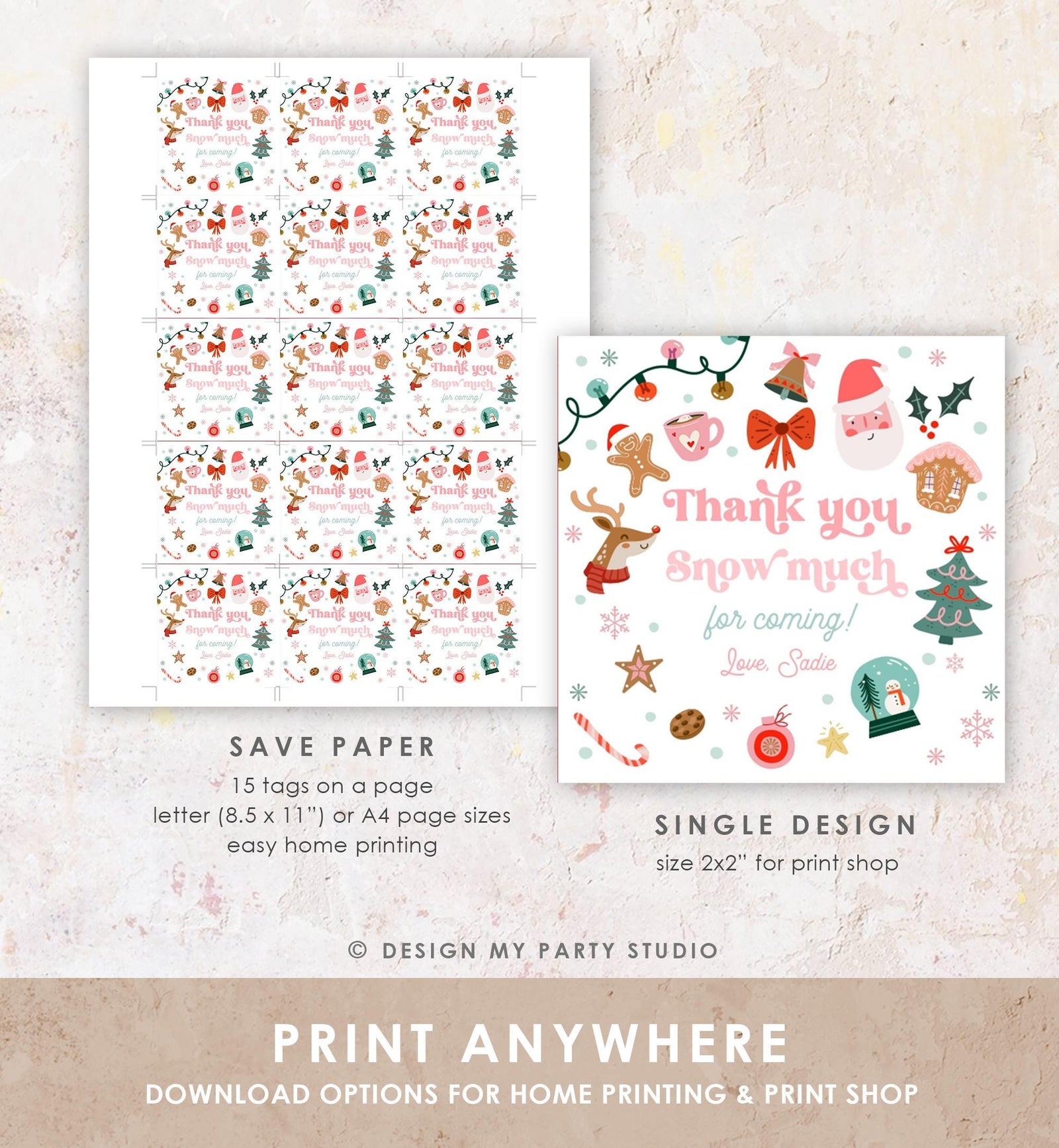 Editable Thank You Snow Much Favor Tag Sticker Christmas Winter Wonderland Red Pink Girl First Birthday Digital Template Printable 0529