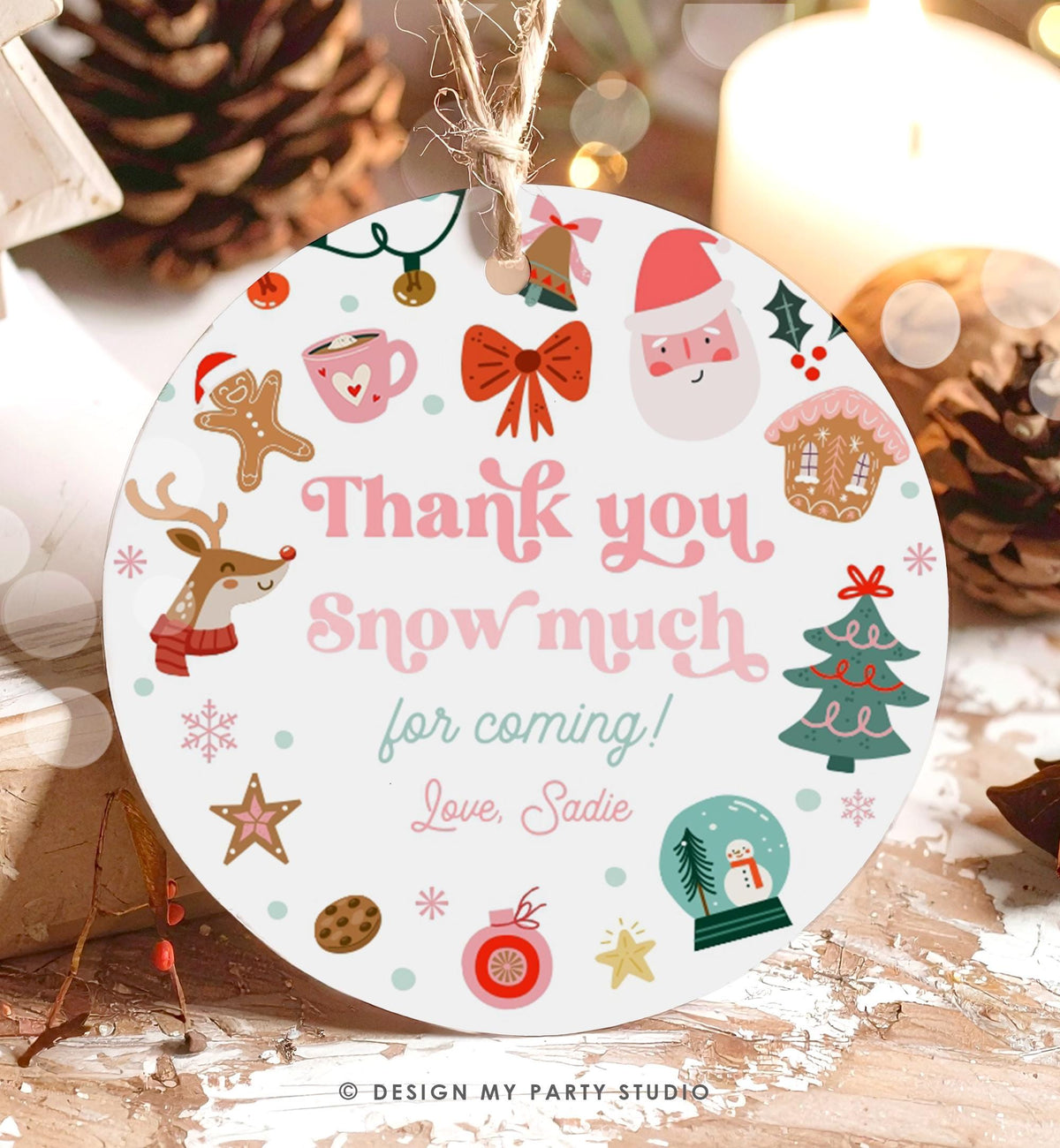 Editable Thank You Snow Much Favor Tag Sticker Christmas Winter Wonderland Red Pink Girl First Birthday Digital Template Printable 0529