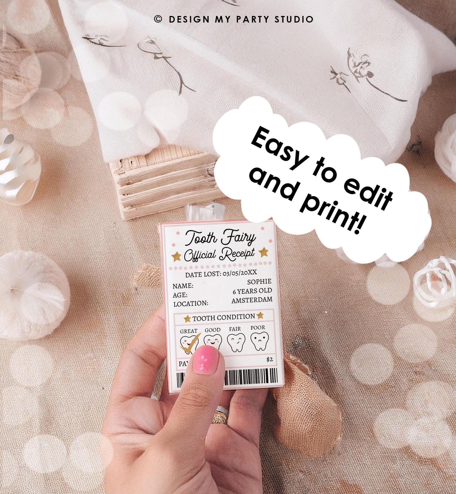 Editable Mini Tooth Fairy Set Pink Receipt and Letter with Envelope Tooth Fairy Kit Lost Tooth Fairy Note Digital Template Printable 0526