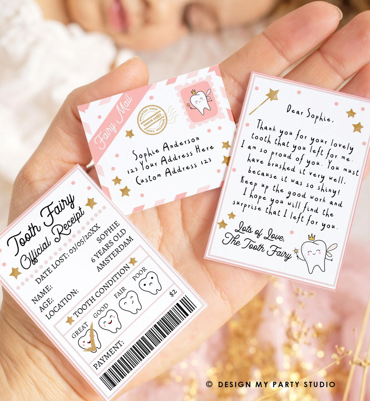 Editable Mini Tooth Fairy Set Pink Receipt and Letter with Envelope Tooth Fairy Kit Lost Tooth Fairy Note Digital Template Printable 0526