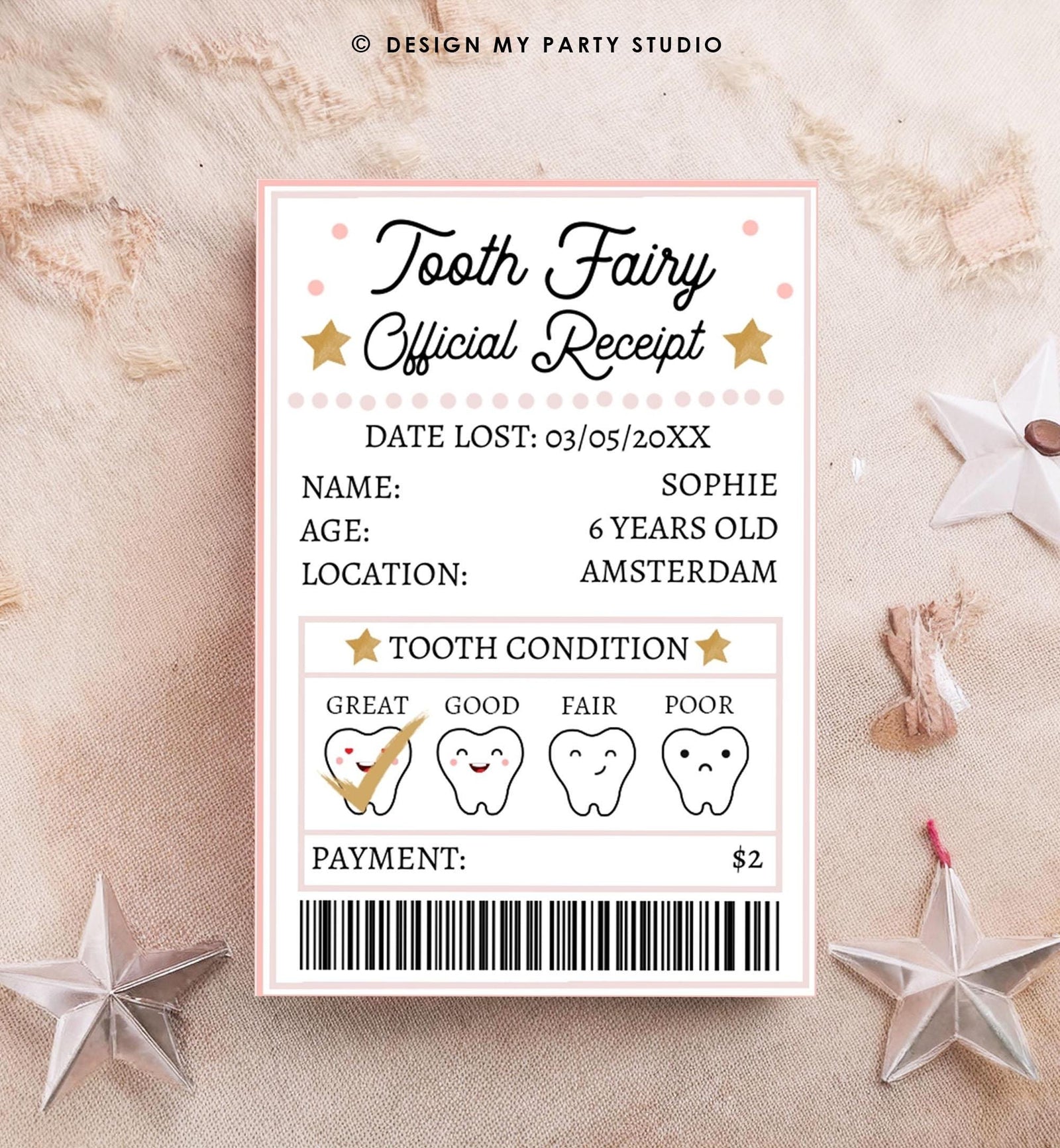 Editable Mini Tooth Fairy Set Pink Receipt and Letter with Envelope Tooth Fairy Kit Lost Tooth Fairy Note Digital Template Printable 0526