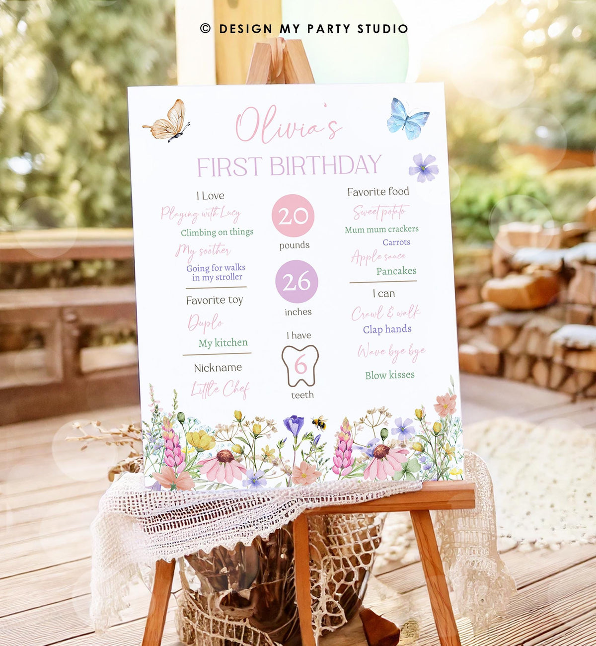Editable Little Wildflower Birthday Milestones Sign First Birthday Wildflowers Butterflies Flowers Neutral Digital Template Printable 0543