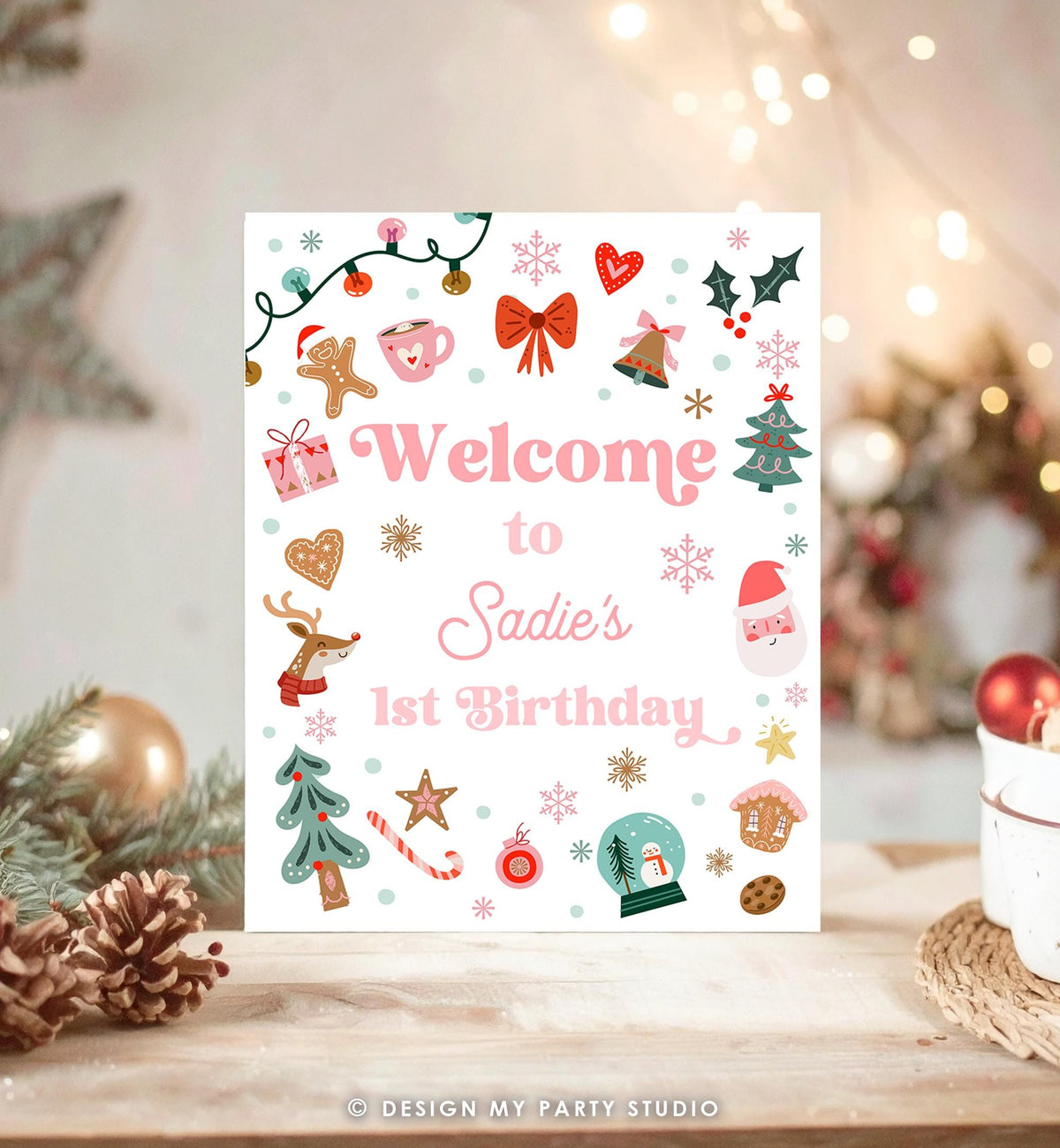 Editable Christmas Welcome Sign Winter Girl Birthday Oh What Fun Girl Pink Santa Claus Cookies Holiday Party Digital Template Printable 0529