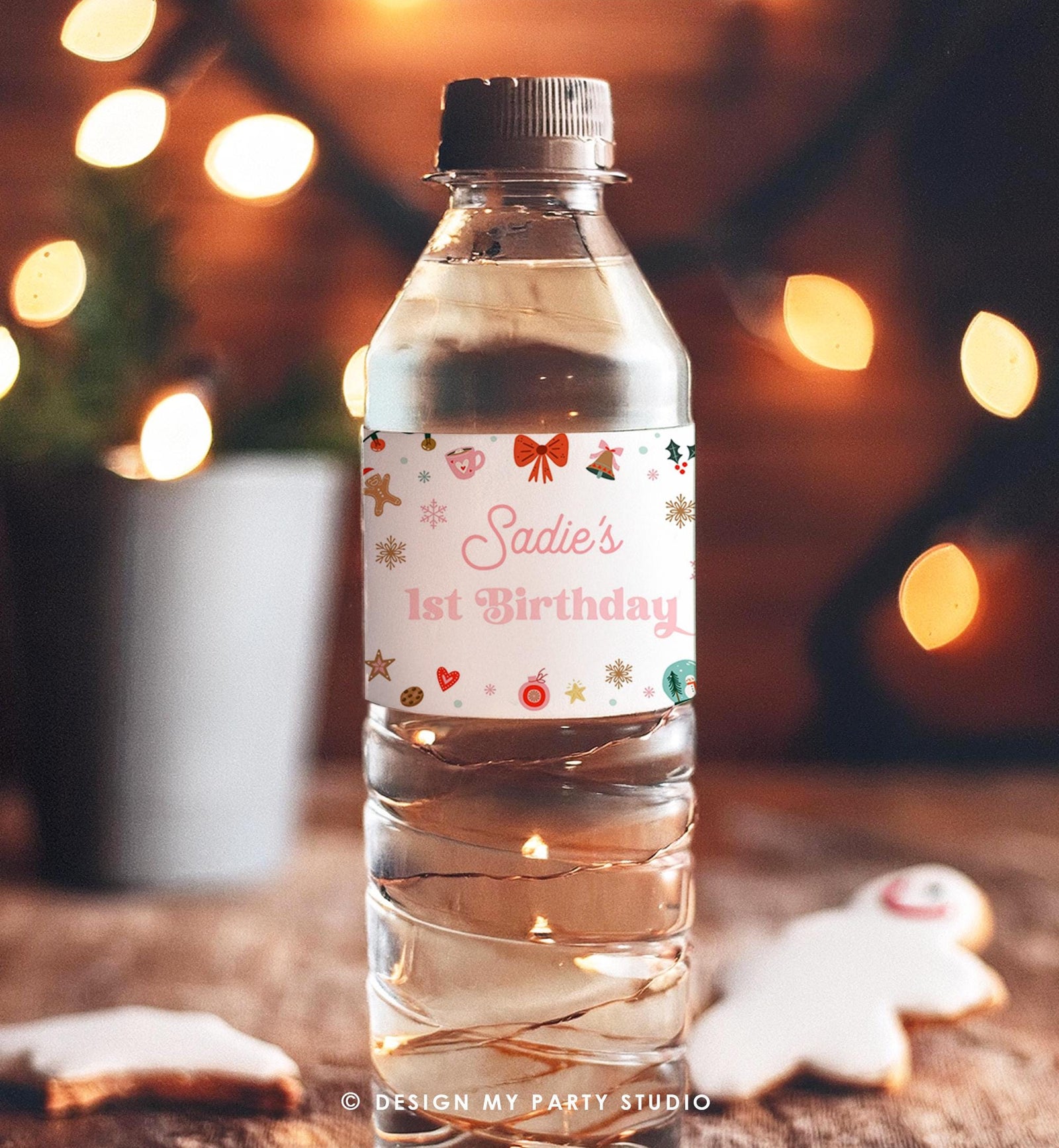 Editable Christmas Water Bottle Label Winter Onederland Wonderland Birthday Party Girl Holiday Digital Template Printable 0529