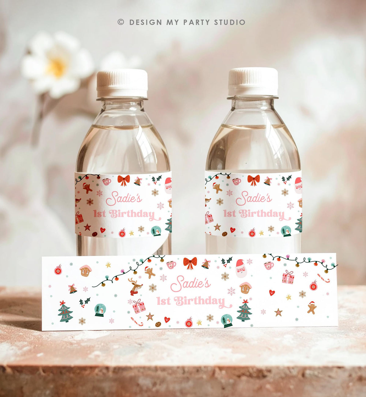 Editable Christmas Water Bottle Label Winter Onederland Wonderland Birthday Party Girl Holiday Digital Template Printable 0529