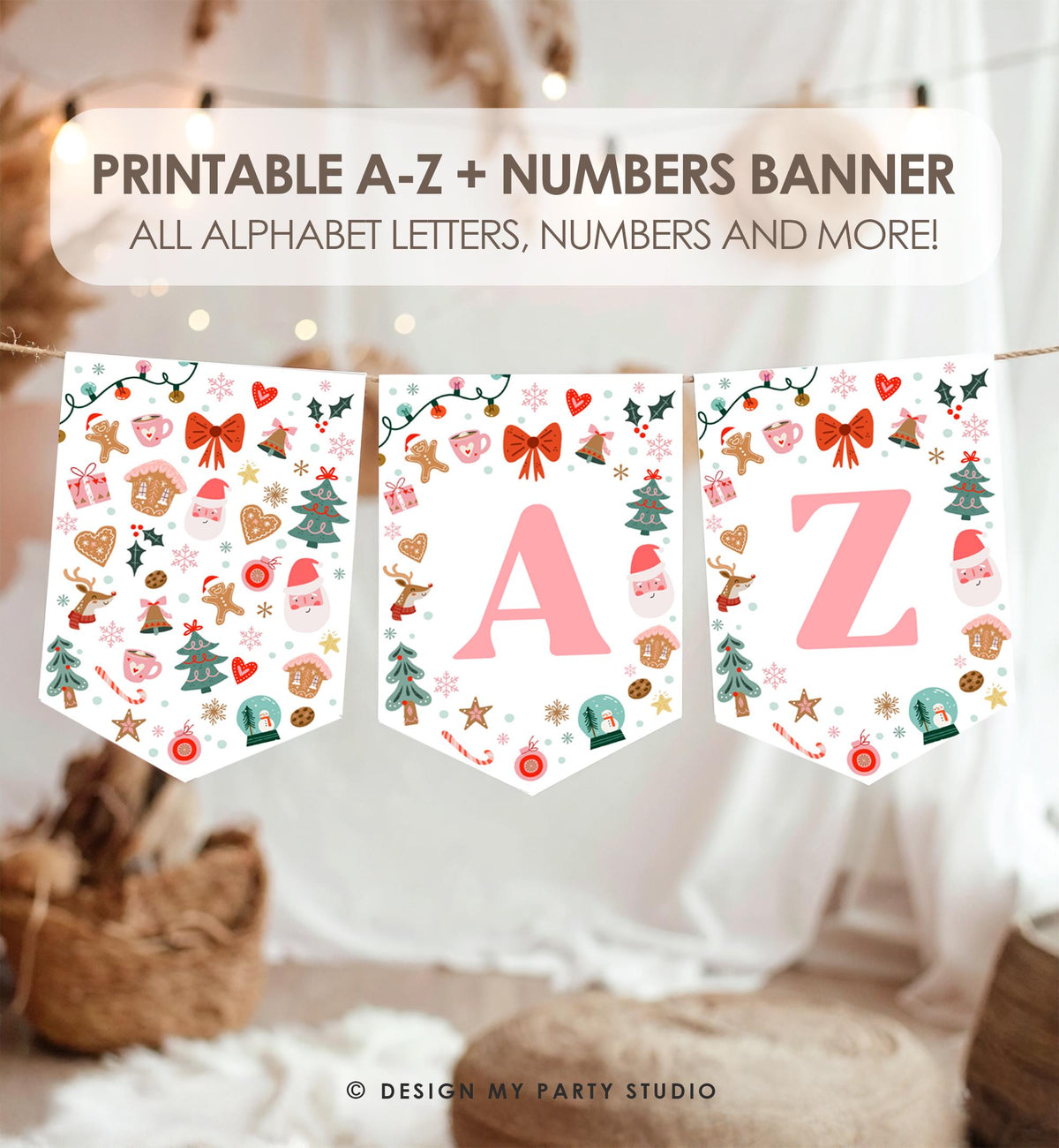 Christmas Alphabet Banner A-Z Numbers Banner Winter Girl Birthday Baby It's Cold Outside Shower Santa Claus Cookies Decor Printable 0529