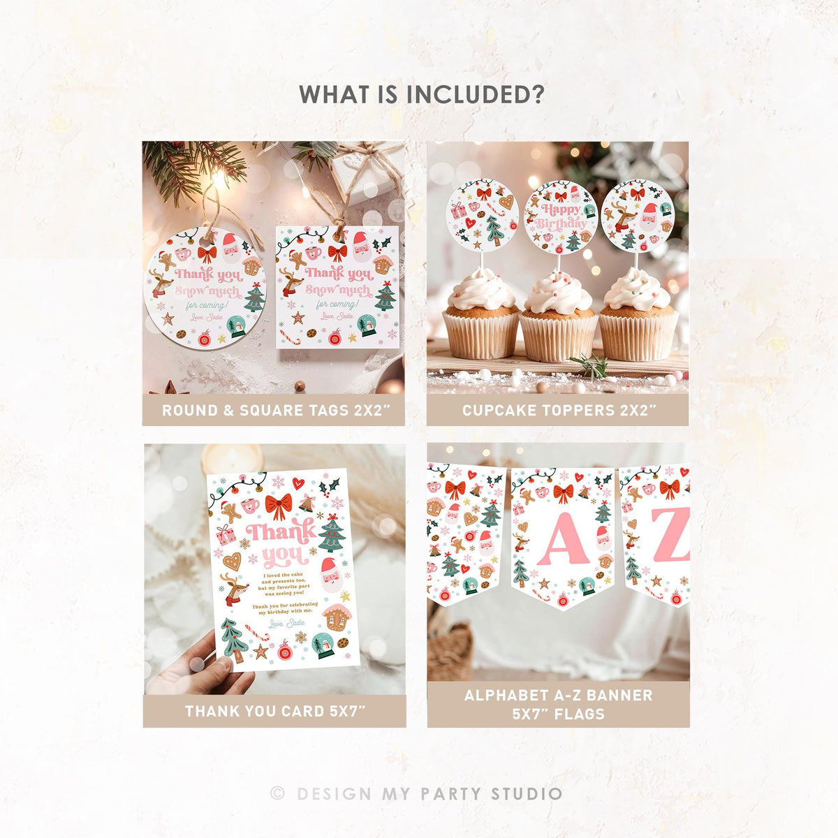 Christmas Birthday Bundle Winter Onederland Girl Pink First Birthday Wonderland Santa Gingerbread Cookies Digital Template Printable 0529
