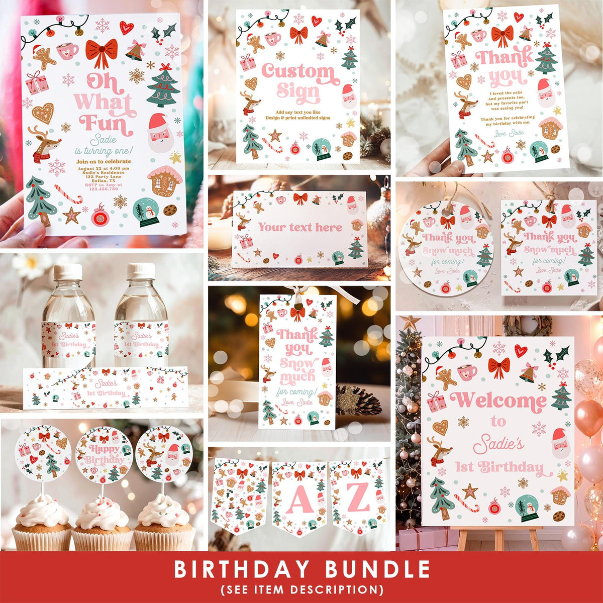Christmas Birthday Bundle Winter Onederland Girl Pink First Birthday Wonderland Santa Gingerbread Cookies Digital Template Printable 0529