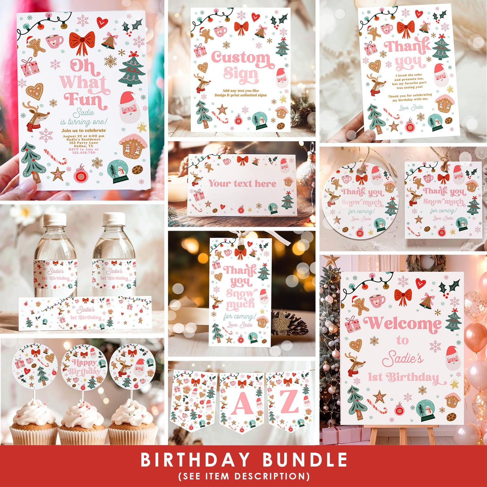 Christmas Birthday Bundle Winter Onederland Girl Pink First Birthday Wonderland Santa Gingerbread Cookies Digital Template Printable 0529