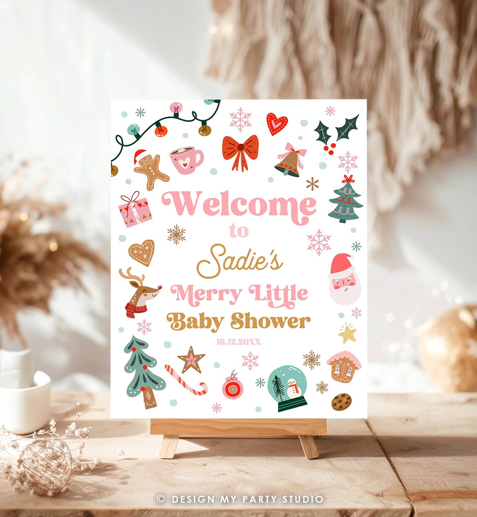 Editable Christmas Welcome Sign Winter Little Merry Baby Shower Girl Pink Holiday Party Couples Shower Digital Template Printable 0529