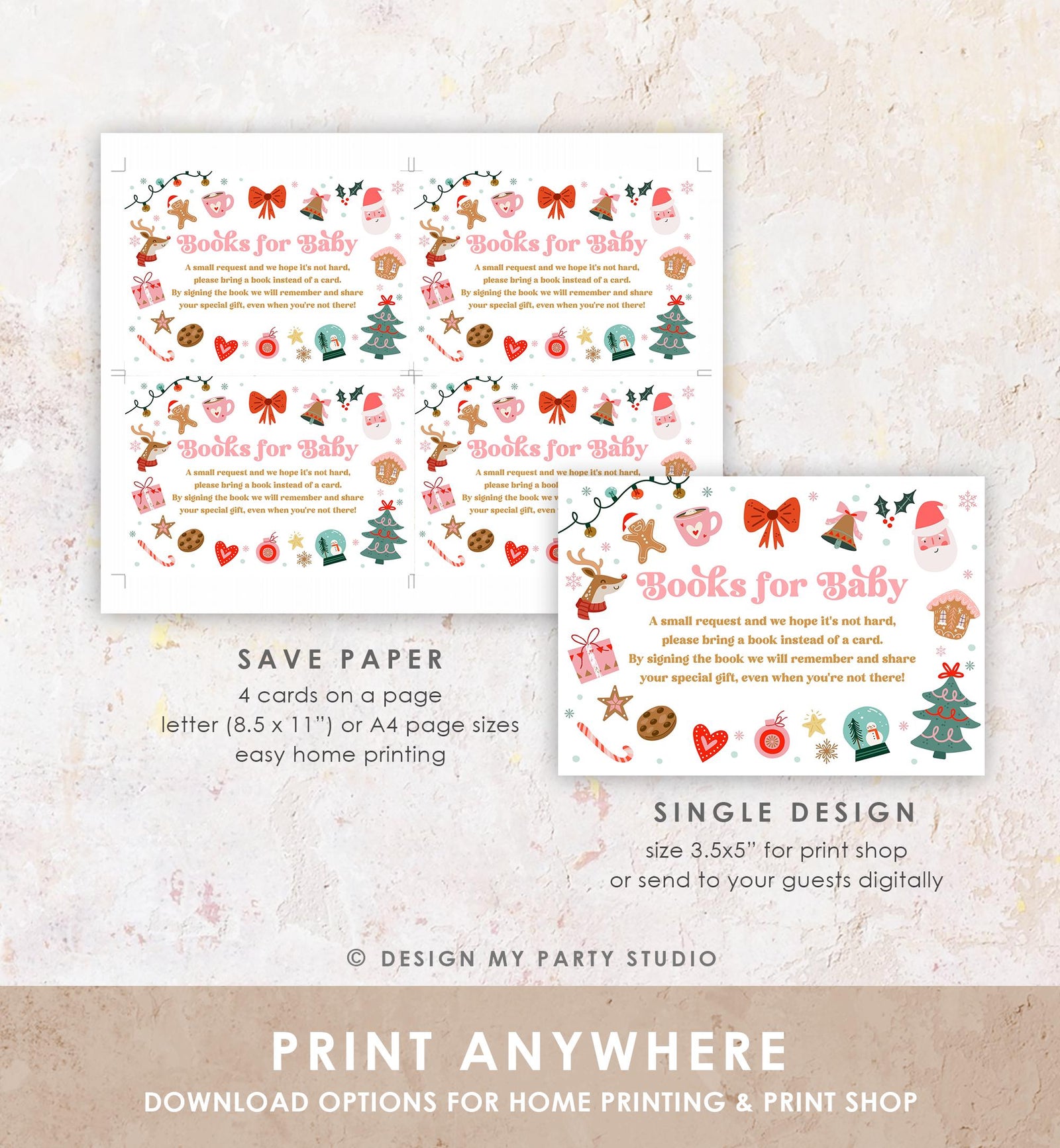 Editable Bring a Book Card Christmas Baby It's Cold Outside Baby Shower Winter Snow Girl Pink Books Request Digital Template Printable 0529