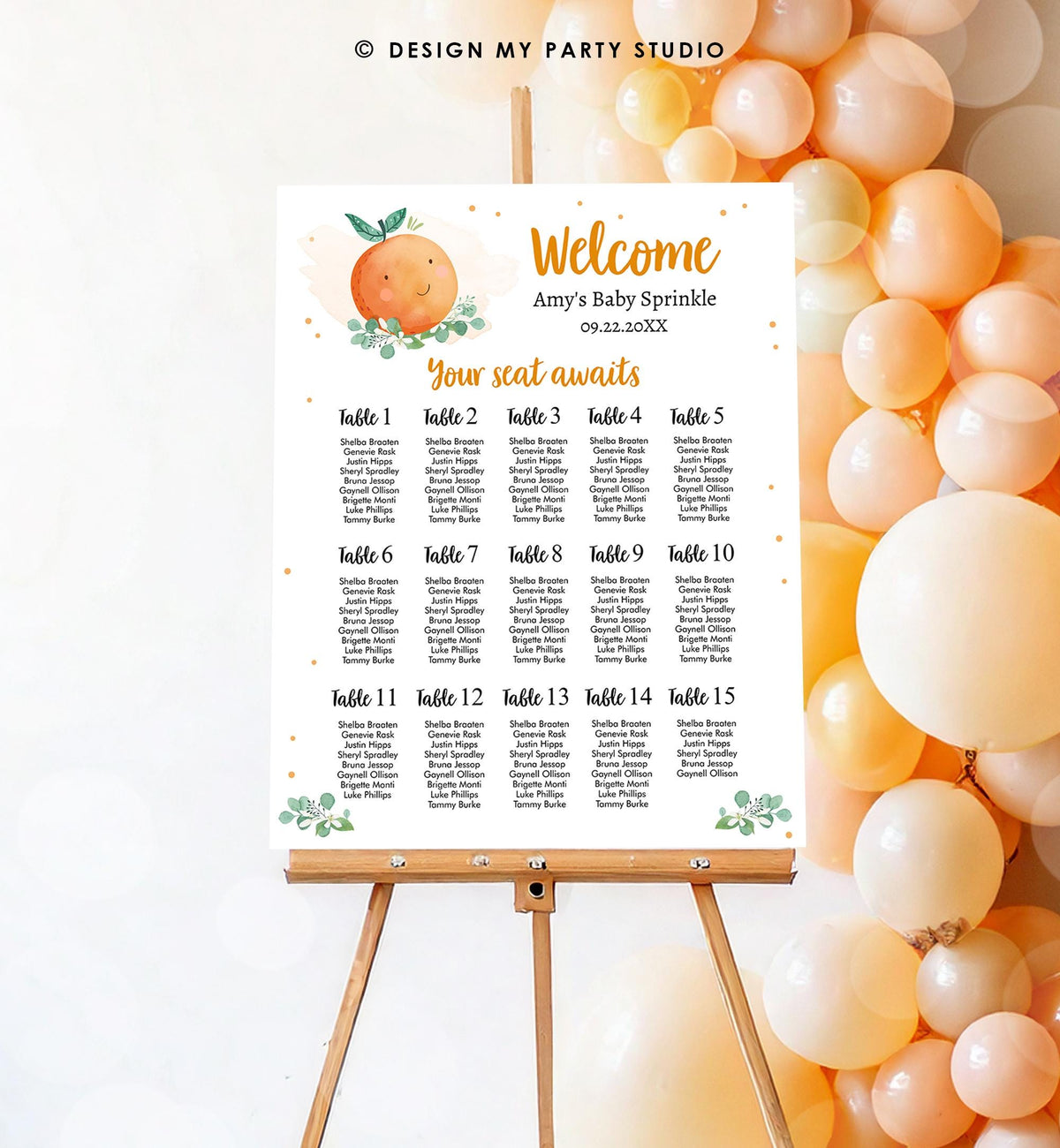 Editable Little Cutie Seating Chart Baby Shower Seating Sign On the Way Orange Digital Download Template Printable 0430
