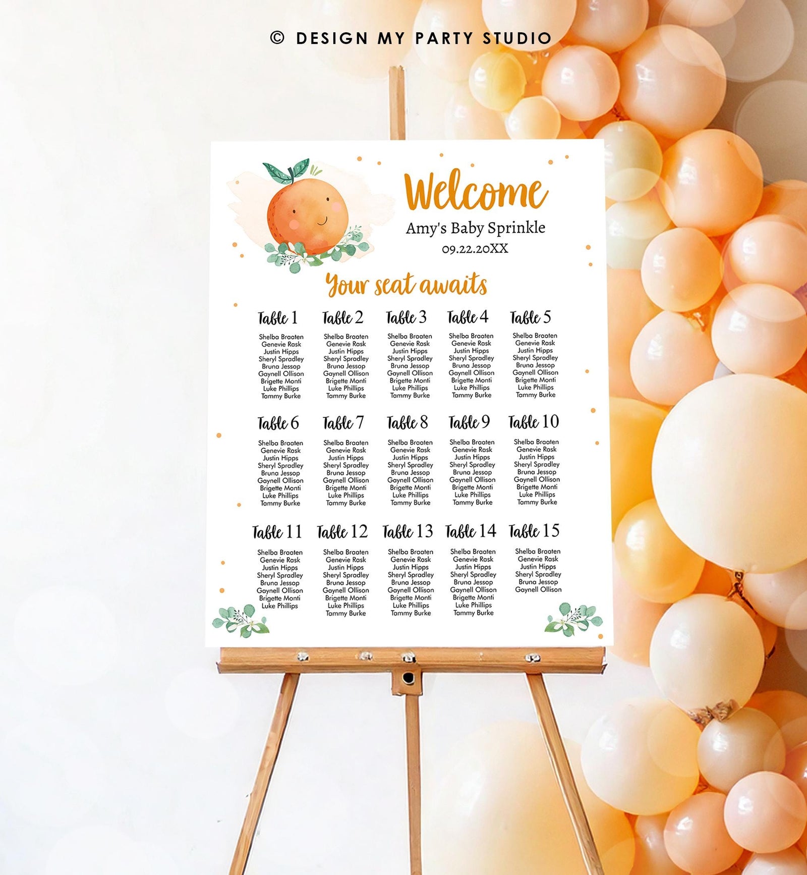 Editable Little Cutie Seating Chart Baby Shower Seating Sign On the Way Orange Digital Download Template Printable 0430