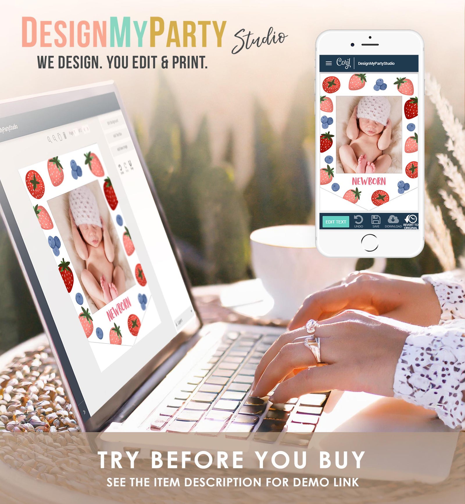 Editable Strawberry Blueberry First Birthday Monthly Photo Banner 1st Birthday Farmers Market Fruit Digital Download Template Printable 0506