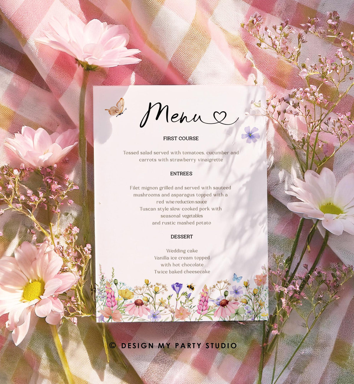 Editable Wildflowers Menu Card Wildflower Butterfly Baby Shower Birthday Pink Floral Baby in Bloom Digital Download Template Printable 0543