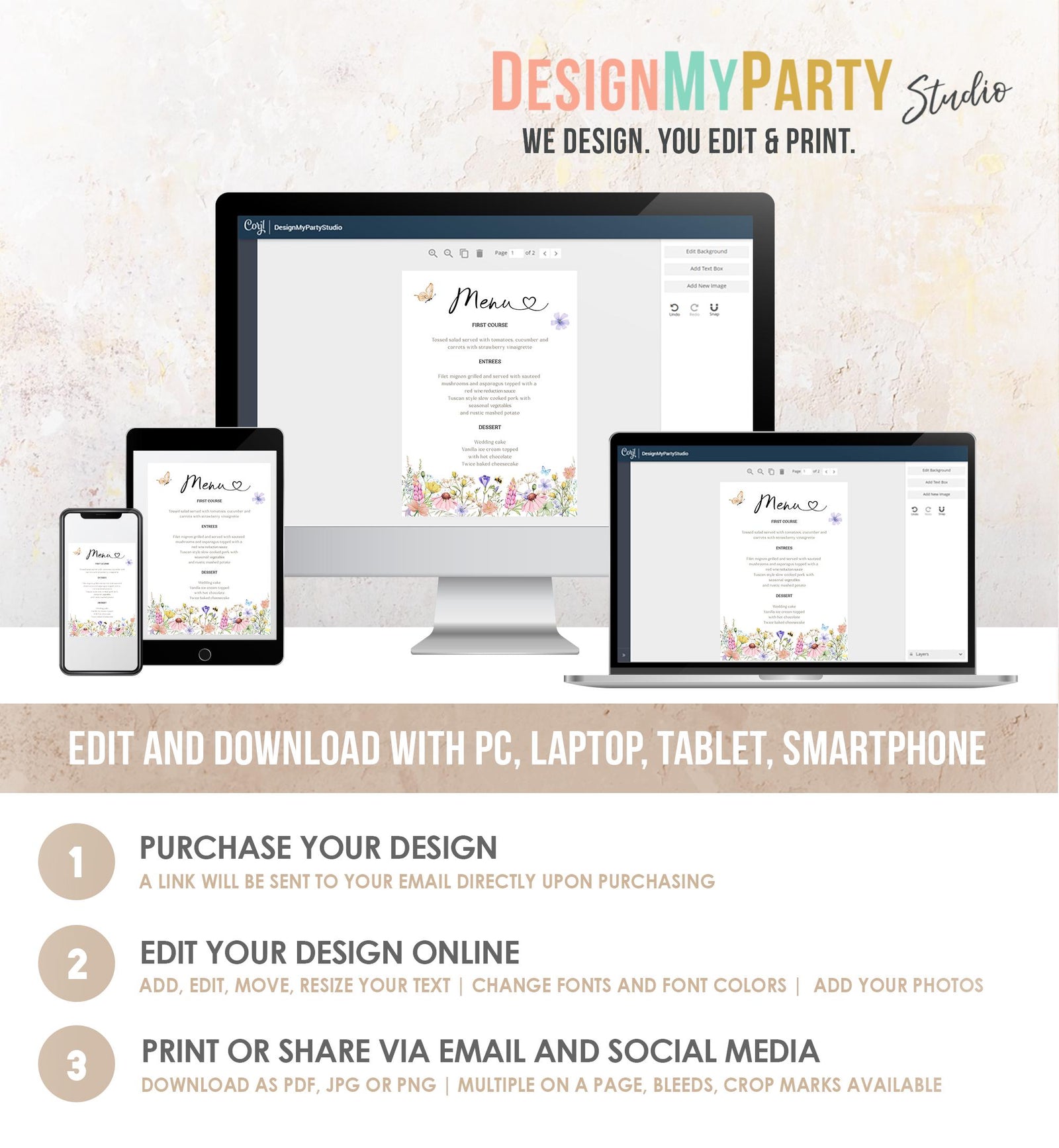 Editable Wildflowers Menu Card Wildflower Butterfly Baby Shower Birthday Pink Floral Baby in Bloom Digital Download Template Printable 0543