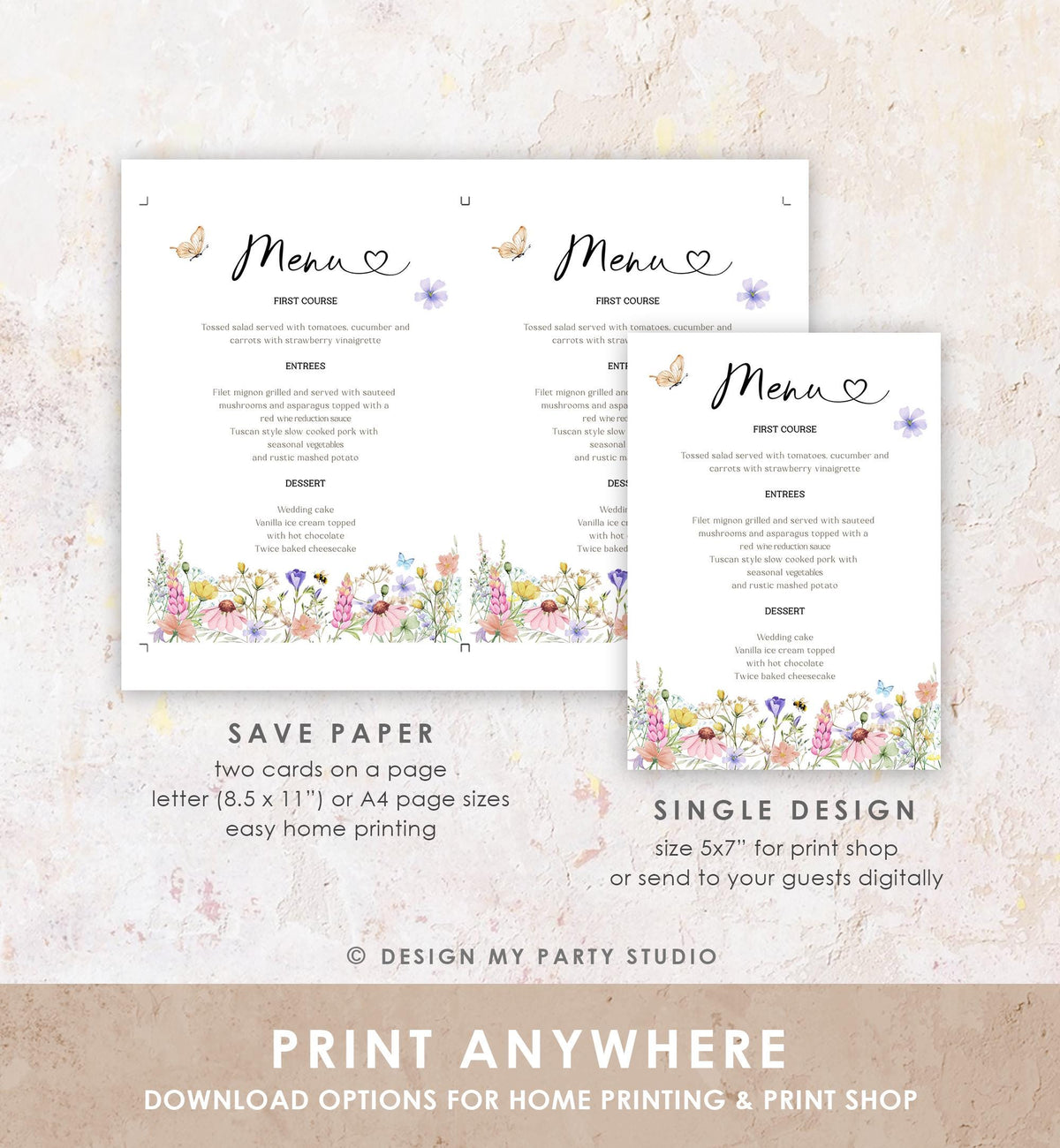 Editable Wildflowers Menu Card Wildflower Butterfly Baby Shower Birthday Pink Floral Baby in Bloom Digital Download Template Printable 0543