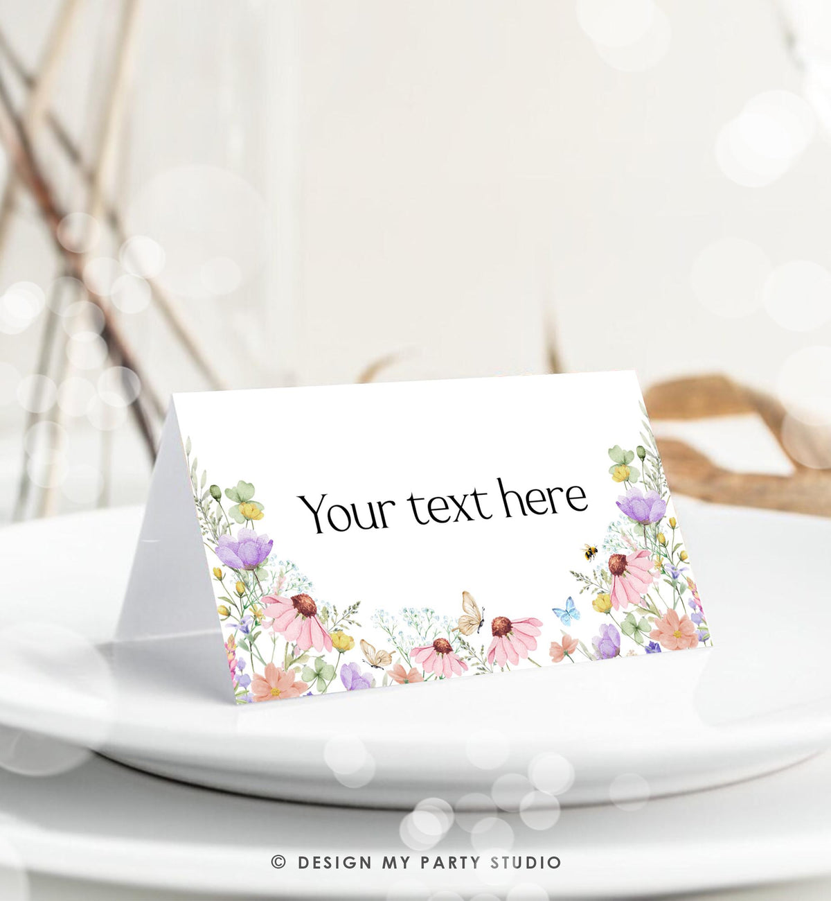 Editable Wildflowers Food Label Wildflower Birthday Baby Shower Place Card Tent Buffet Pink Girl Butterfly Digital Template Printable 0543