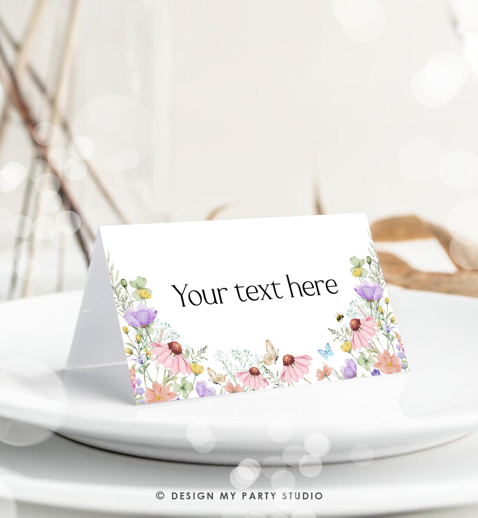 Editable Wildflowers Food Label Wildflower Birthday Baby Shower Place Card Tent Buffet Pink Girl Butterfly Digital Template Printable 0543