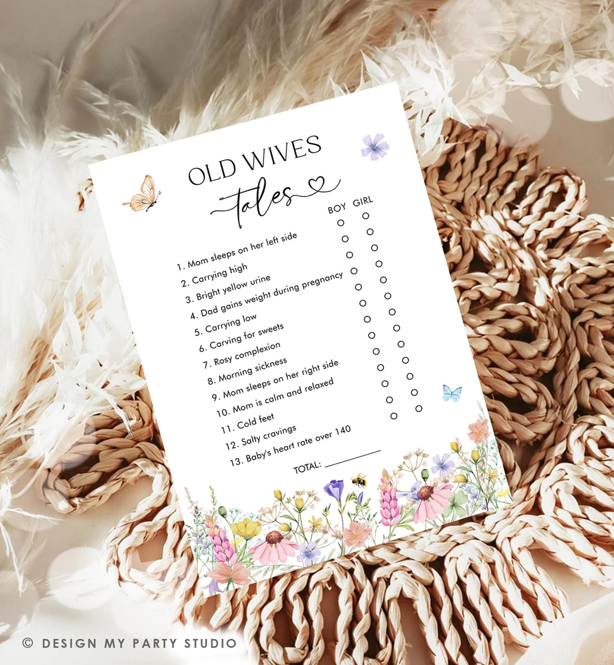 Editable Old Wives Tales Game Card Wildflowers Baby Shower Game Guess Game Baby in Bloom Butterflies Digital Template Printable 0543