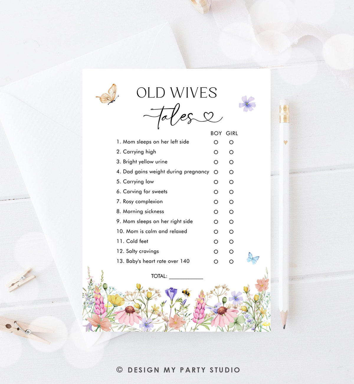 Editable Old Wives Tales Game Card Wildflowers Baby Shower Game Guess Game Baby in Bloom Butterflies Digital Template Printable 0543