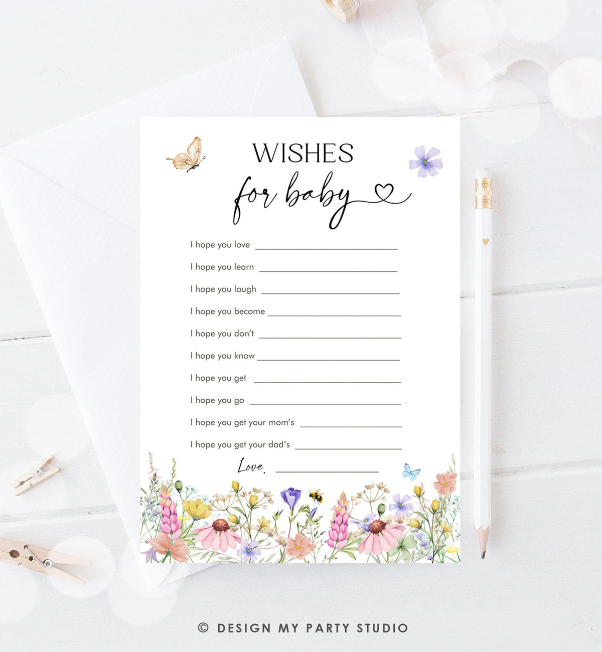 Editable Wishes for Baby Game Cards Wildflowers Baby Shower Game Butterfly Baby in Bloom Shower Activity Download Template Printable 0543