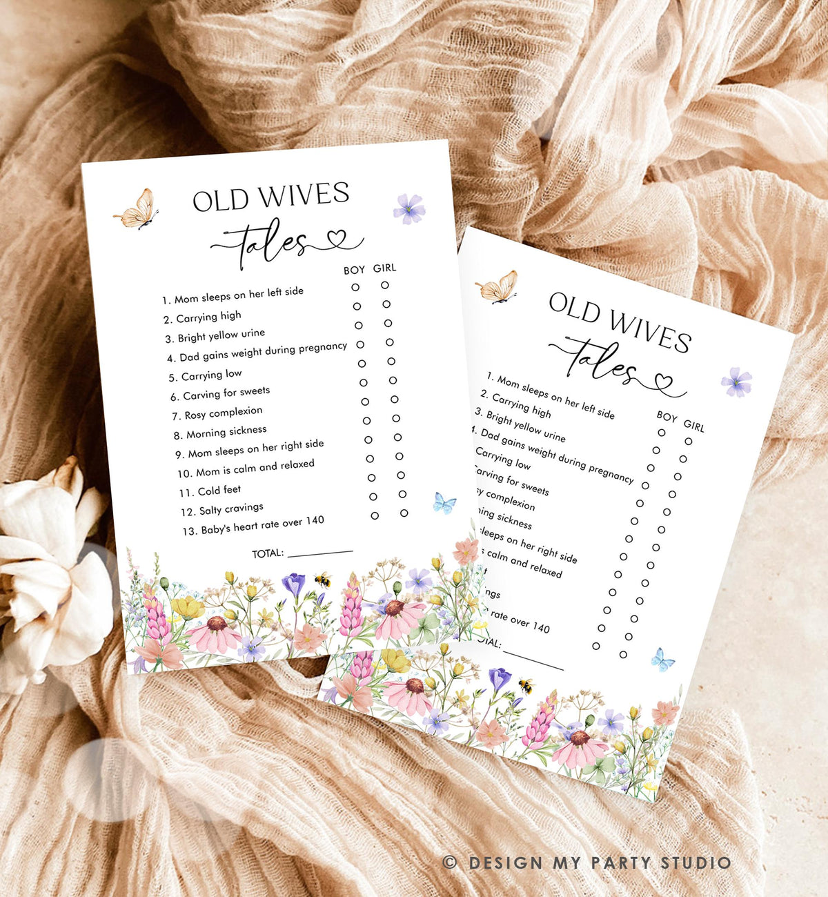 Editable Old Wives Tales Game Card Wildflowers Baby Shower Game Guess Game Baby in Bloom Butterflies Digital Template Printable 0543