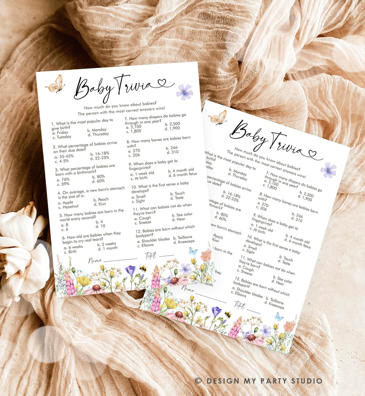 Editable Baby Trivia Questions Game Card Wildflowers Baby Shower Butterfly Baby in Bloom Shower Activity Download Template Printable 0543