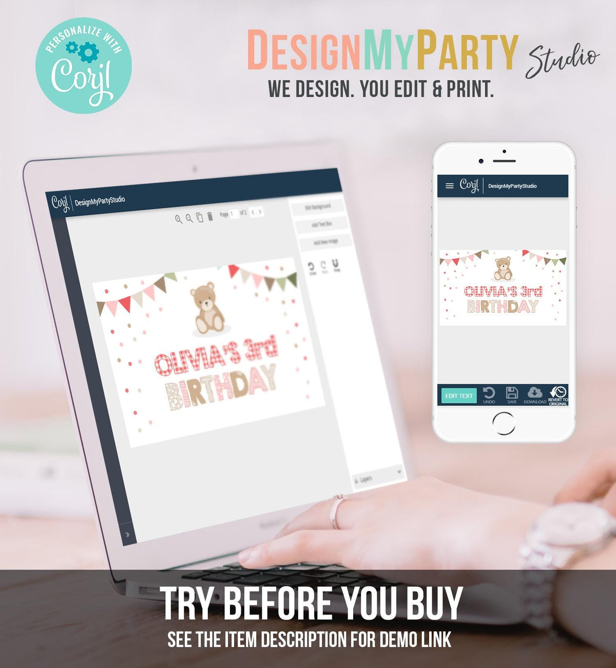Editable Teddy Bear Birthday Backdrop Banner Teddy Bear Picnic Birthday Welcome Girl Pink Digital Download Template Printable 0100