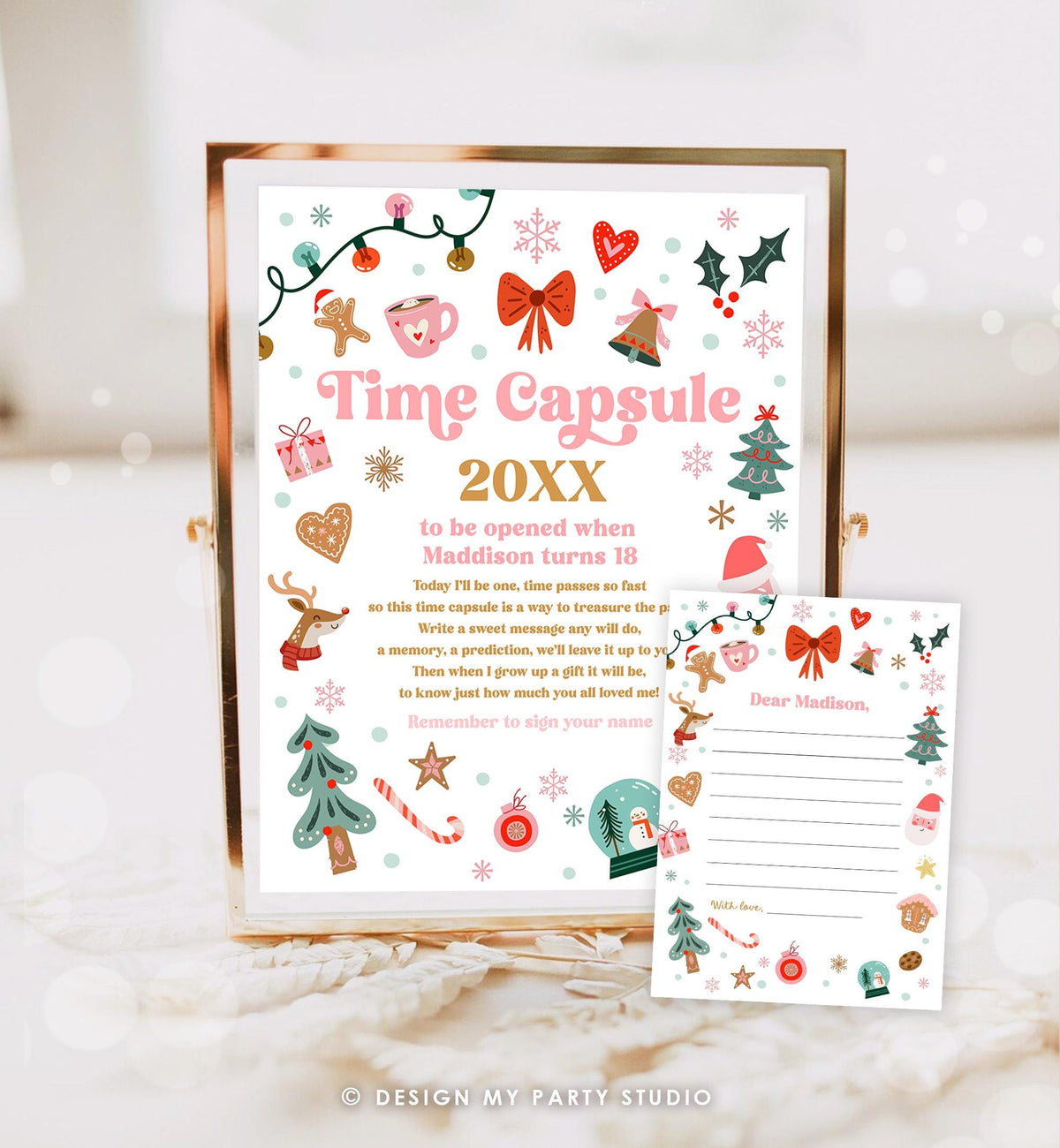 Editable Christmas Time Capsule Winter Onederland First Birthday Party Oh What Fun Guestbook Gingerbread Santa Template Printable 0529