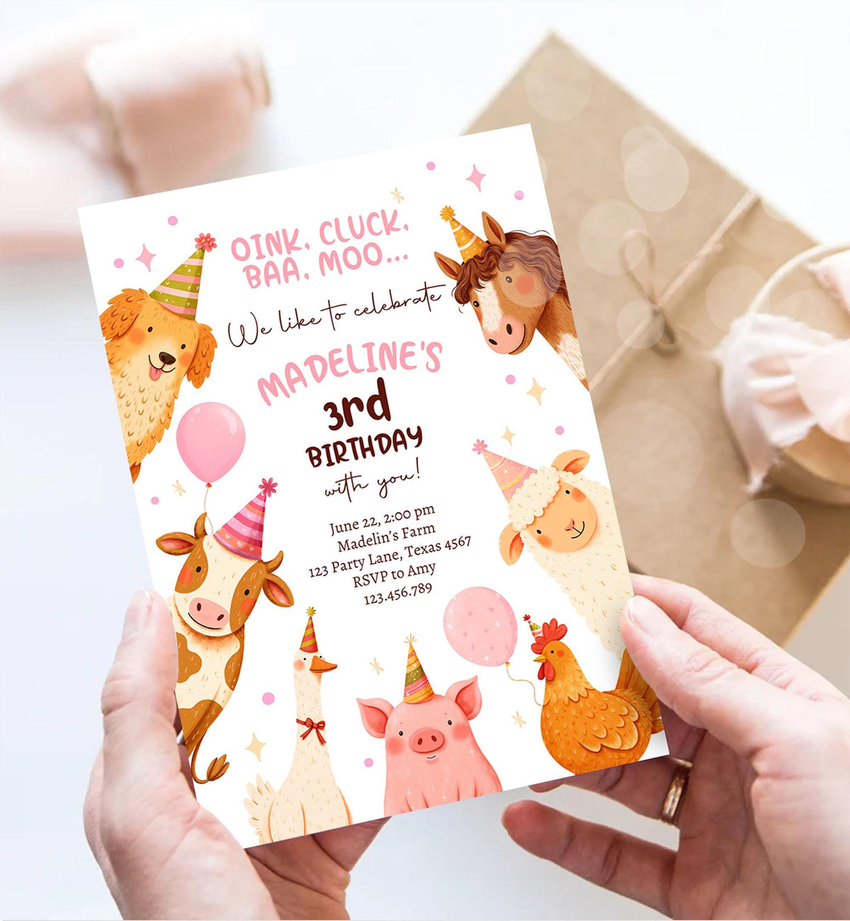 Editable Farm Birthday Invitation Girl Farm Animals Pink Barnyard Party Modern Pastel Download Printable Invite Template Digital 0555