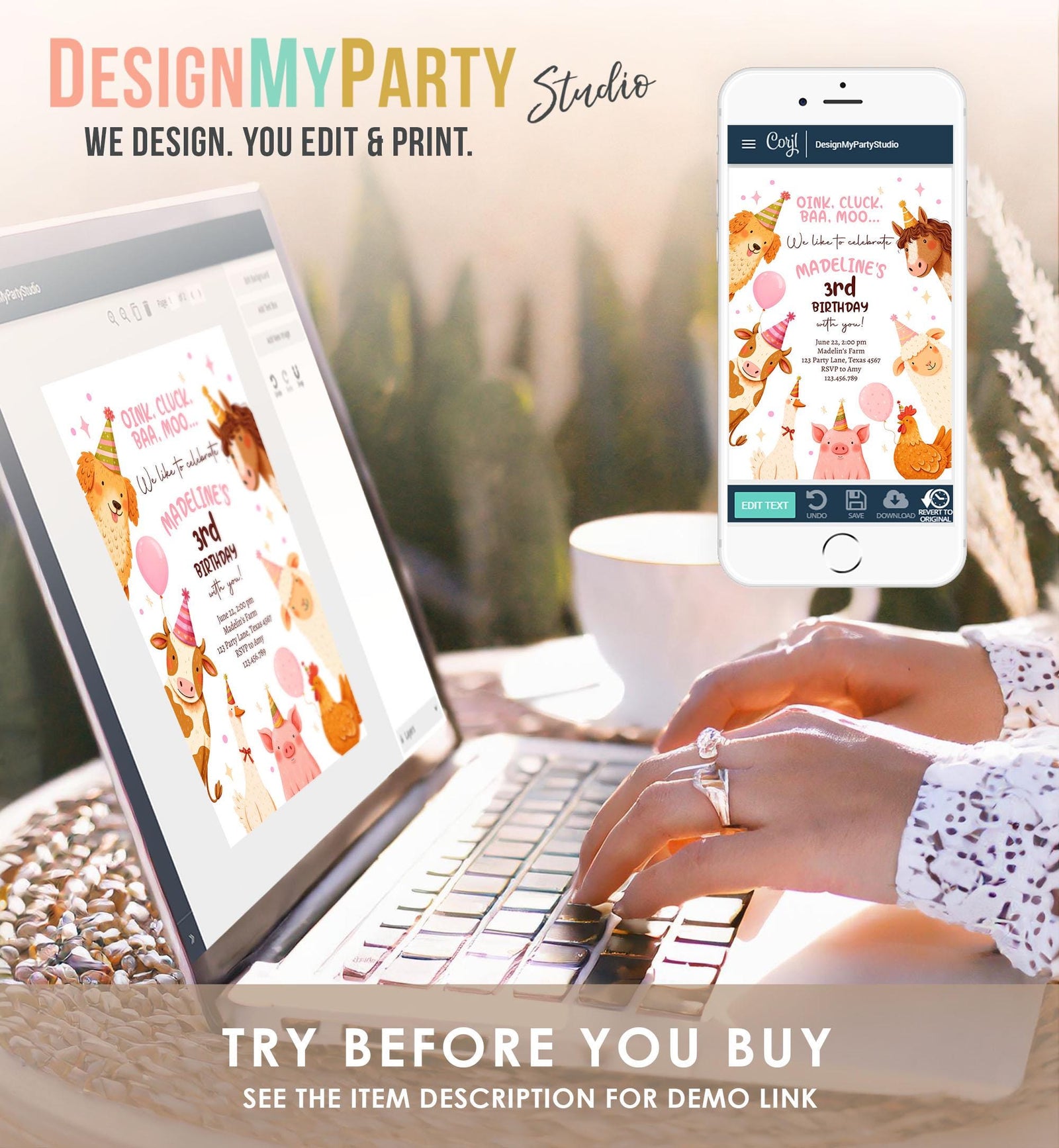 Editable Farm Birthday Invitation Girl Farm Animals Pink Barnyard Party Modern Pastel Download Printable Invite Template Digital 0555
