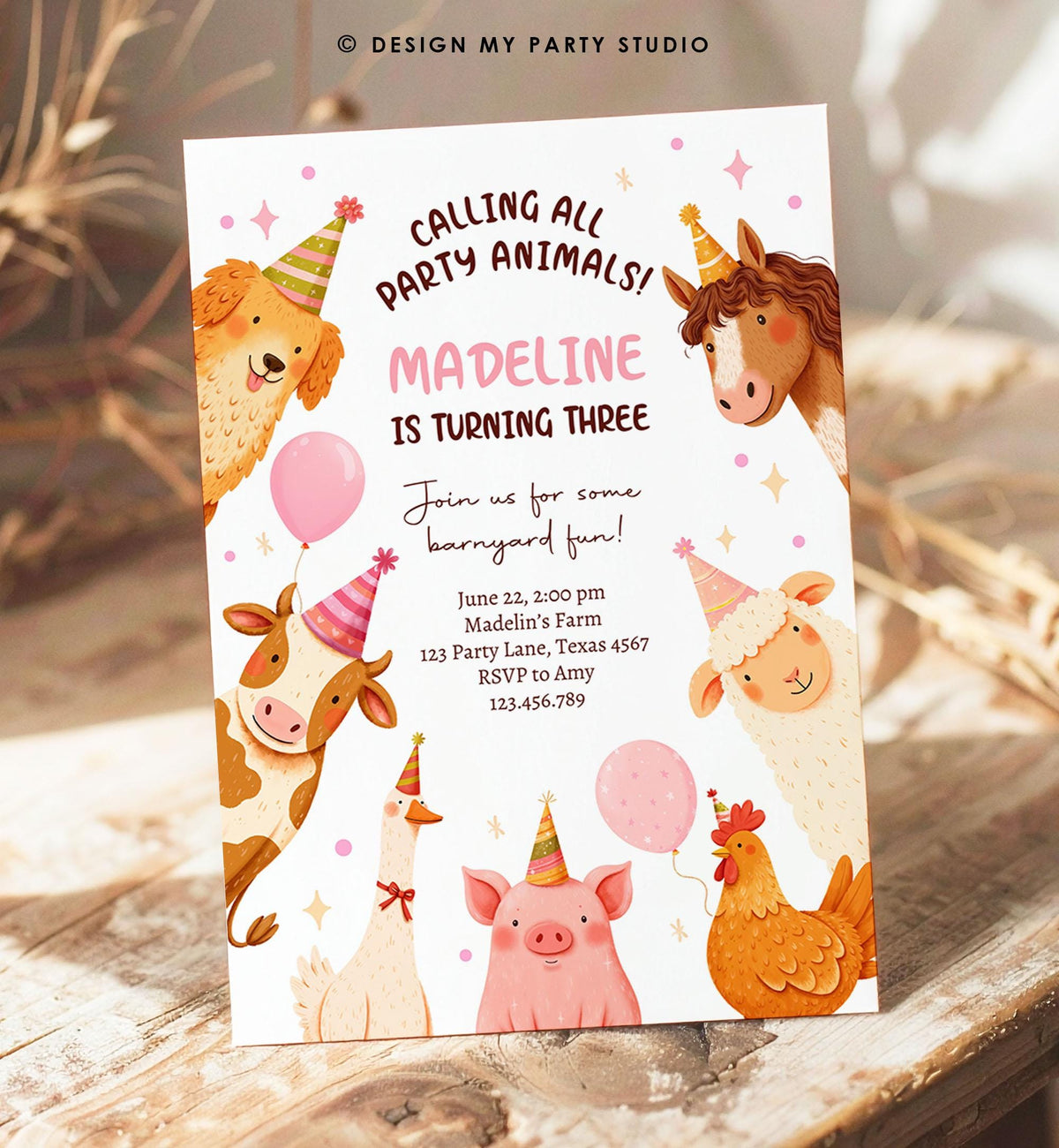 Editable Farm Birthday Invitation Girl Party Animals Pink Barnyard Party Modern Pastel Download Printable Invite Template Digital 0555