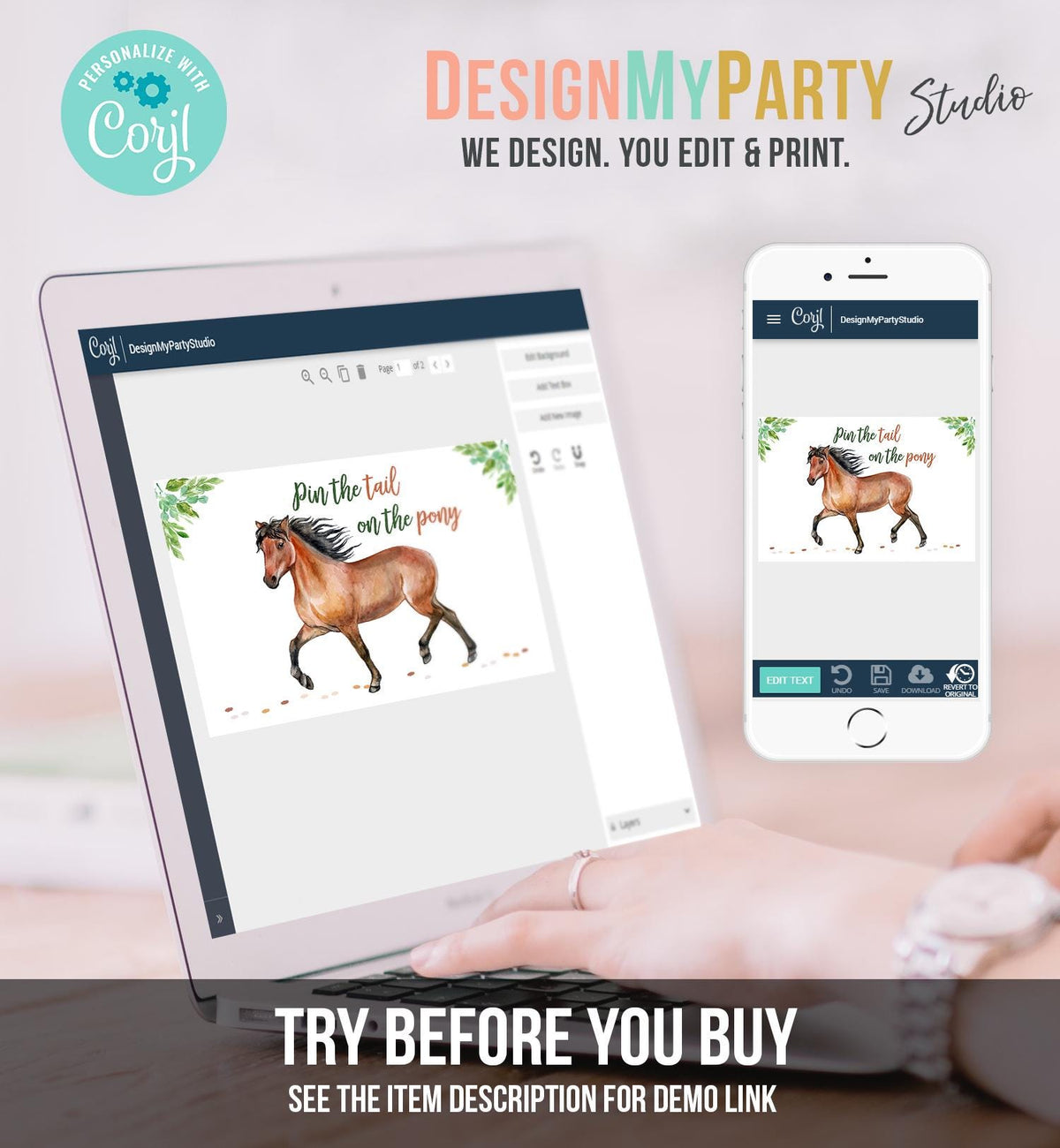 Editable Pin the Tail on the Pony Birthday Game Horse Birthday Party Decor Cowgirl Greenery Boy Girl Digital Template Printable 0408
